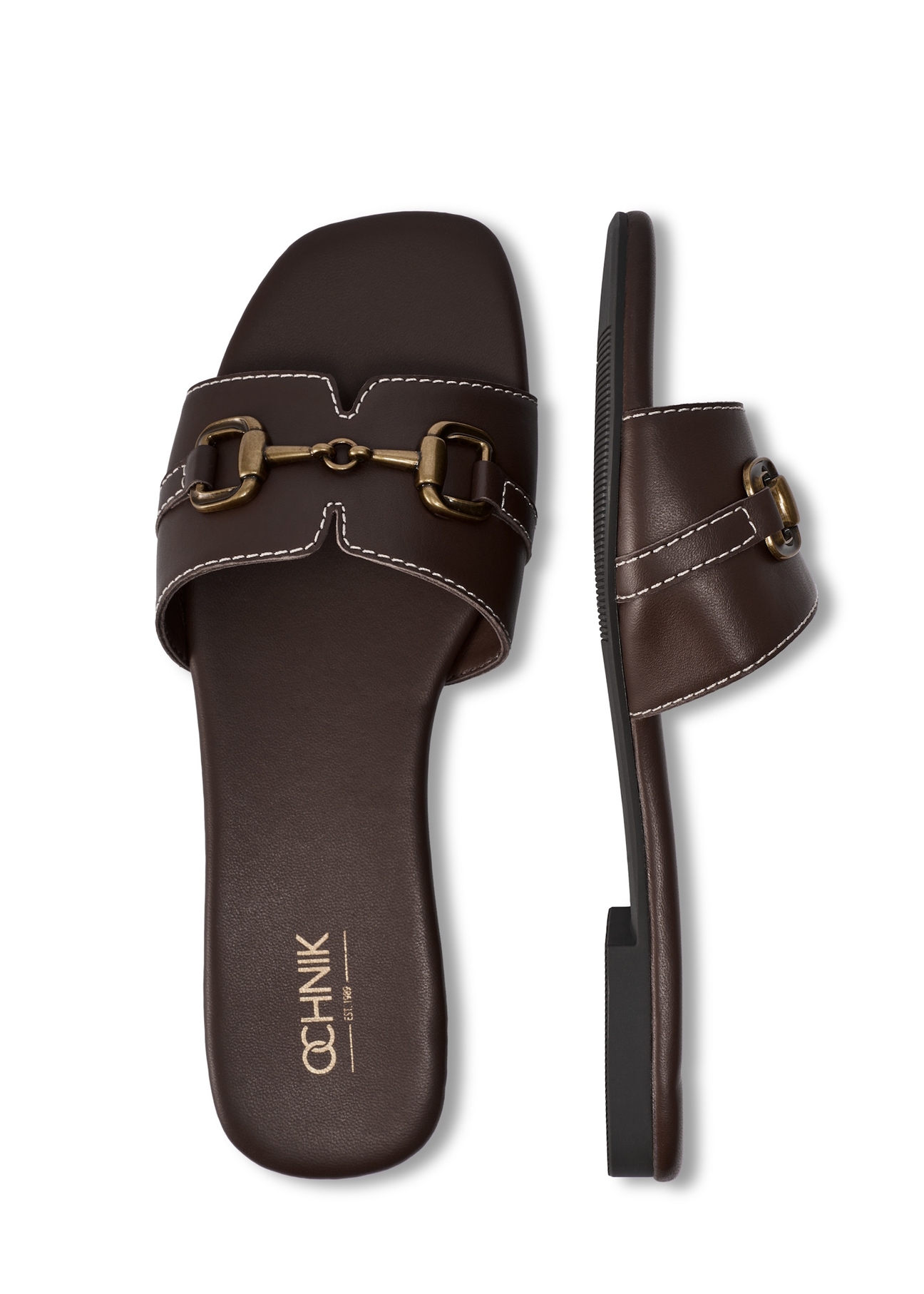 Dámske tmavohnedé kožené šľapky BUTYD-1273-1I(W26), pohľad zhora na produkt na bielom pozadí.