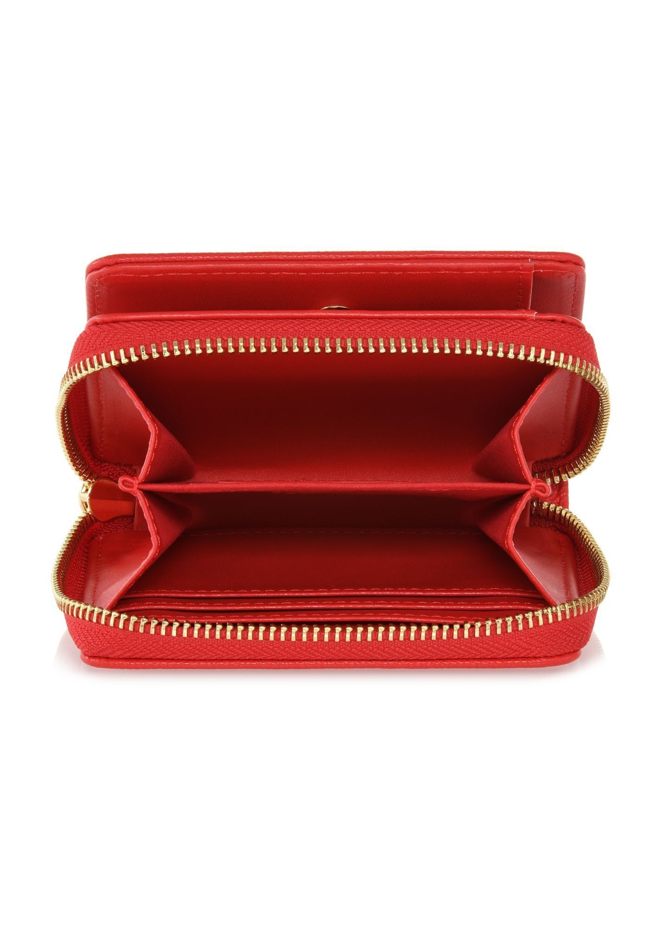 Malá červená dámska peňaženka s logom POREC-0366-4A(W26), pohľad na produkt vo vnútri na bielom pozadí.