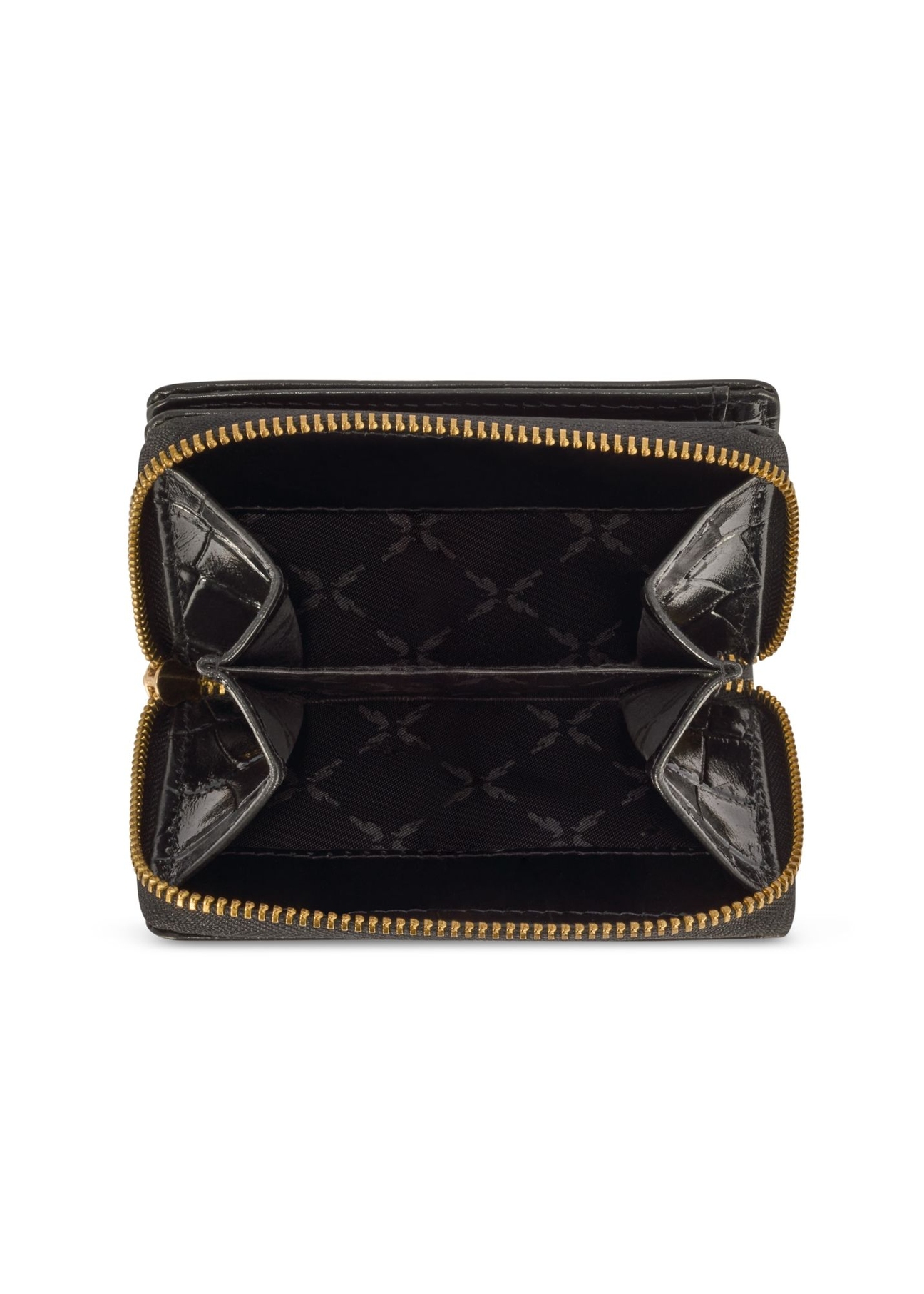 Čierna dámska peňaženka z krokodílej kože PORES-0888-9G(W26), pohľad na produkt vo vnútri na bielom pozadí.