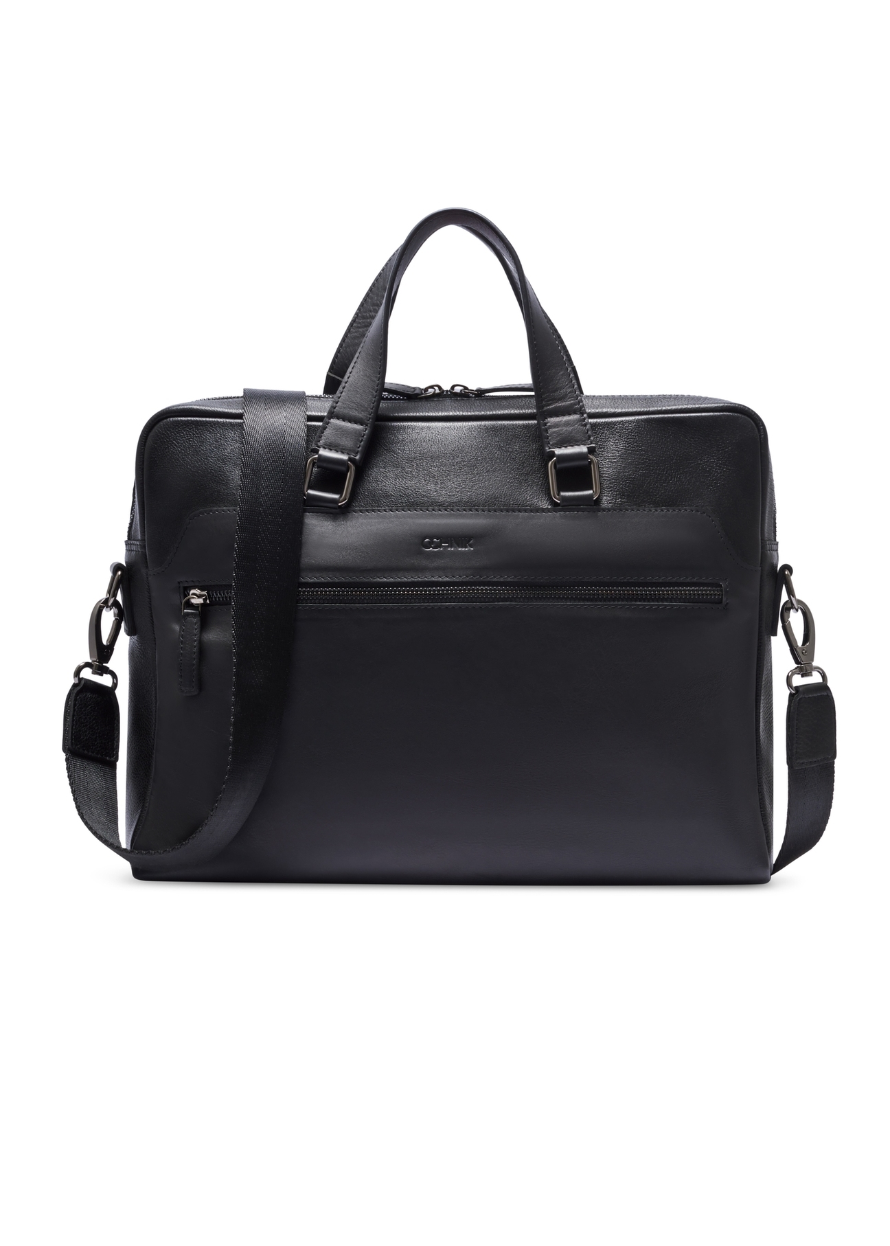 Čierna kožená taška na notebook TORMS-0496-99(W26) - pohľad spredu na produkt, na bielom pozadí.