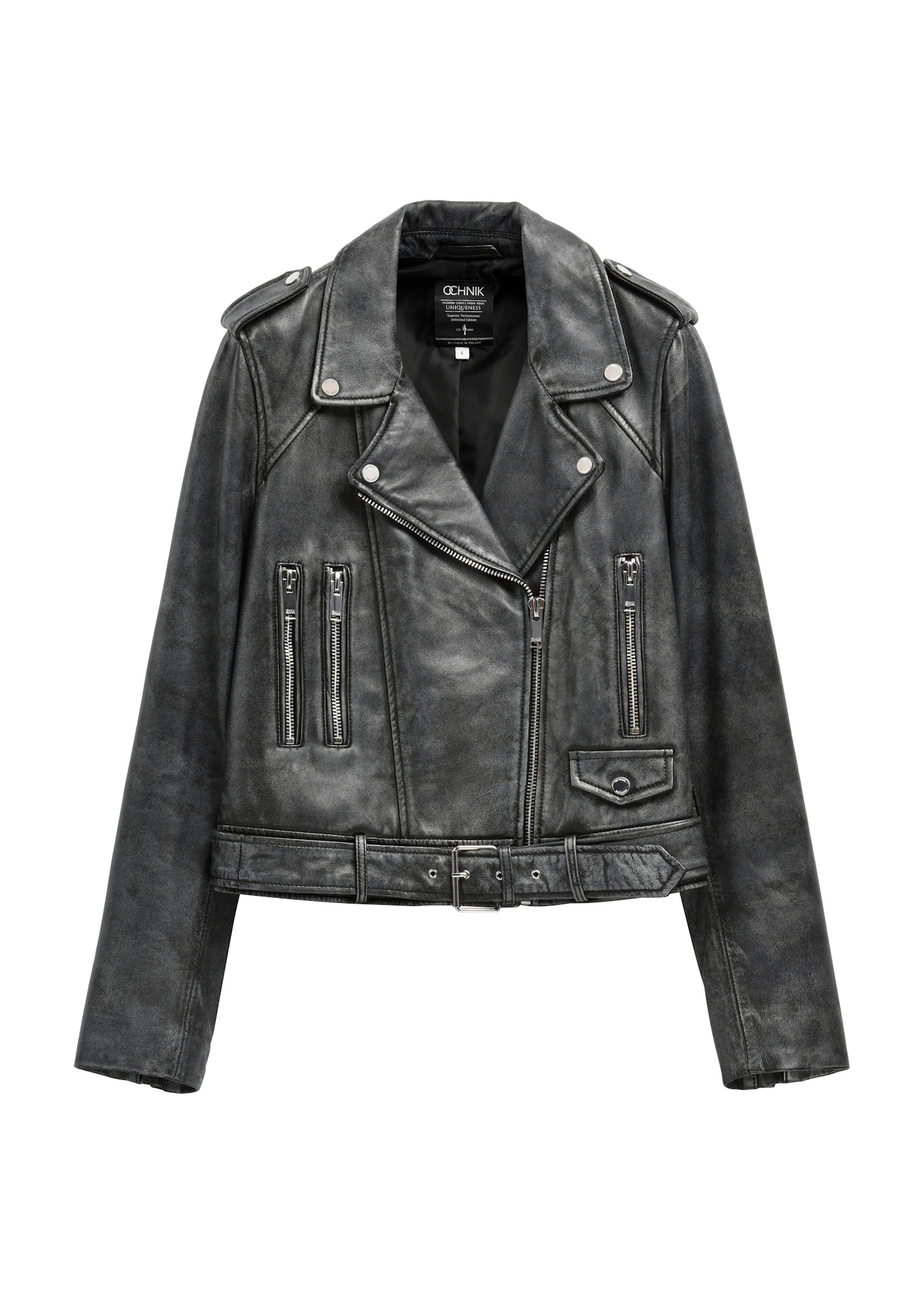 Dámska sivá kožená bunda KURDS-0371-9D(W26) - pohľad spredu na produkt, na bielom pozadí.