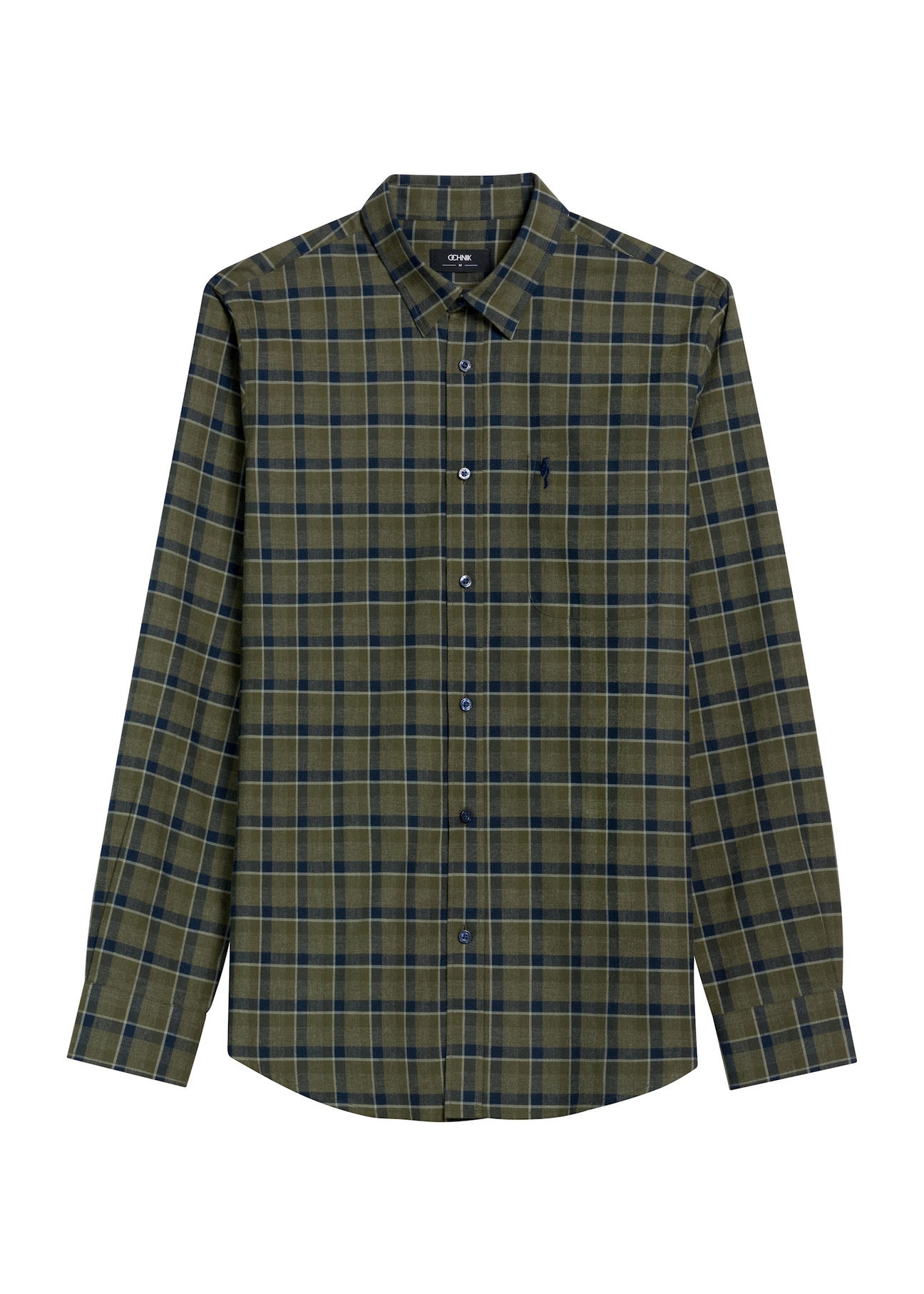 Pánska khaki kockovaná košeľa KOSMT-0333-55(Z25), pohľad spredu na bielom pozadí.