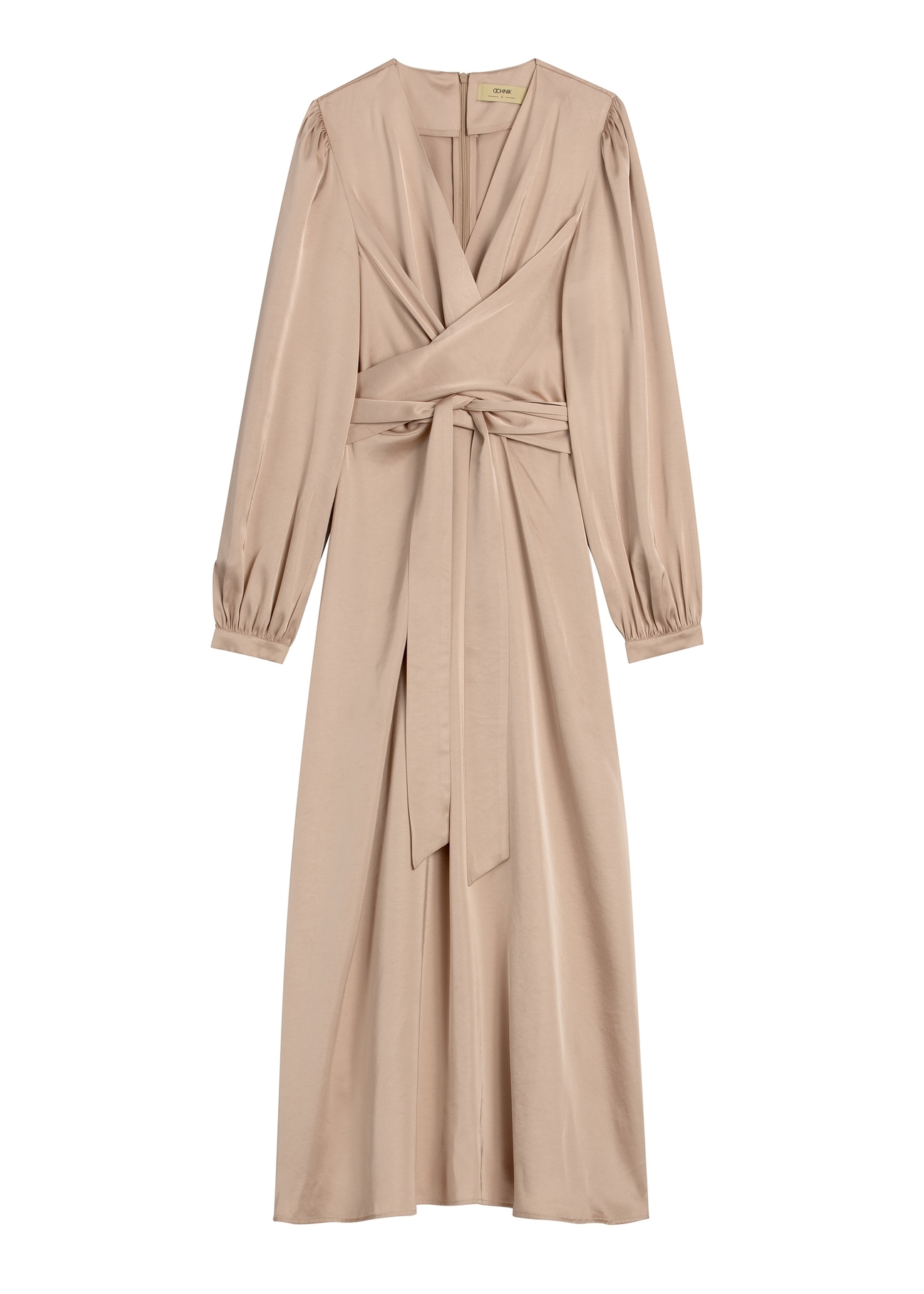 Béžové midi šaty SUKDT-0263-1B(W26) - pohľad spredu na produkt, na bielom pozadí.