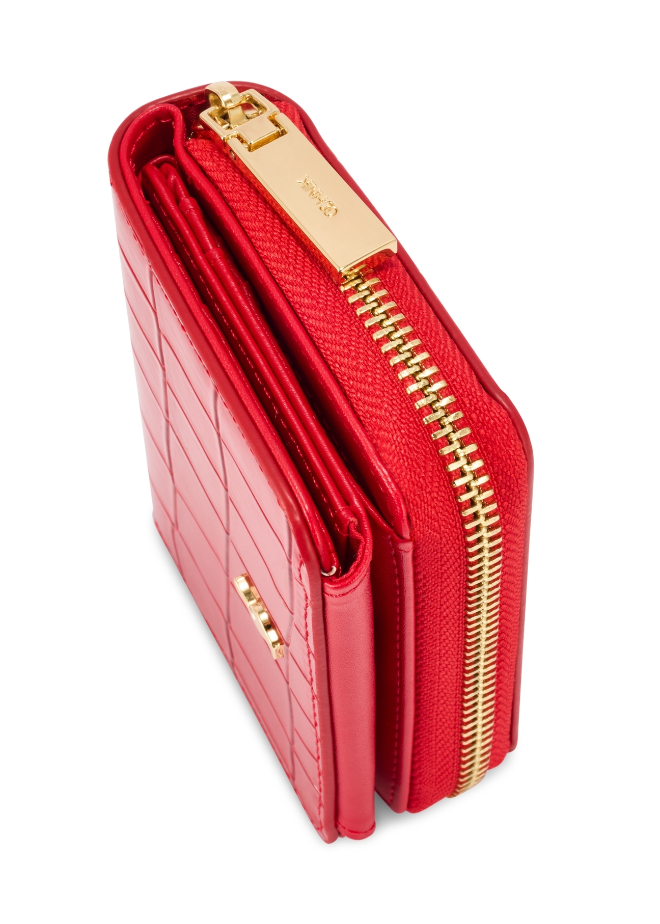 Malá červená dámska peňaženka z krokodílej kože POREC-0352 A-42(Z 25), detail produktu, pohľad na bielom pozadí.