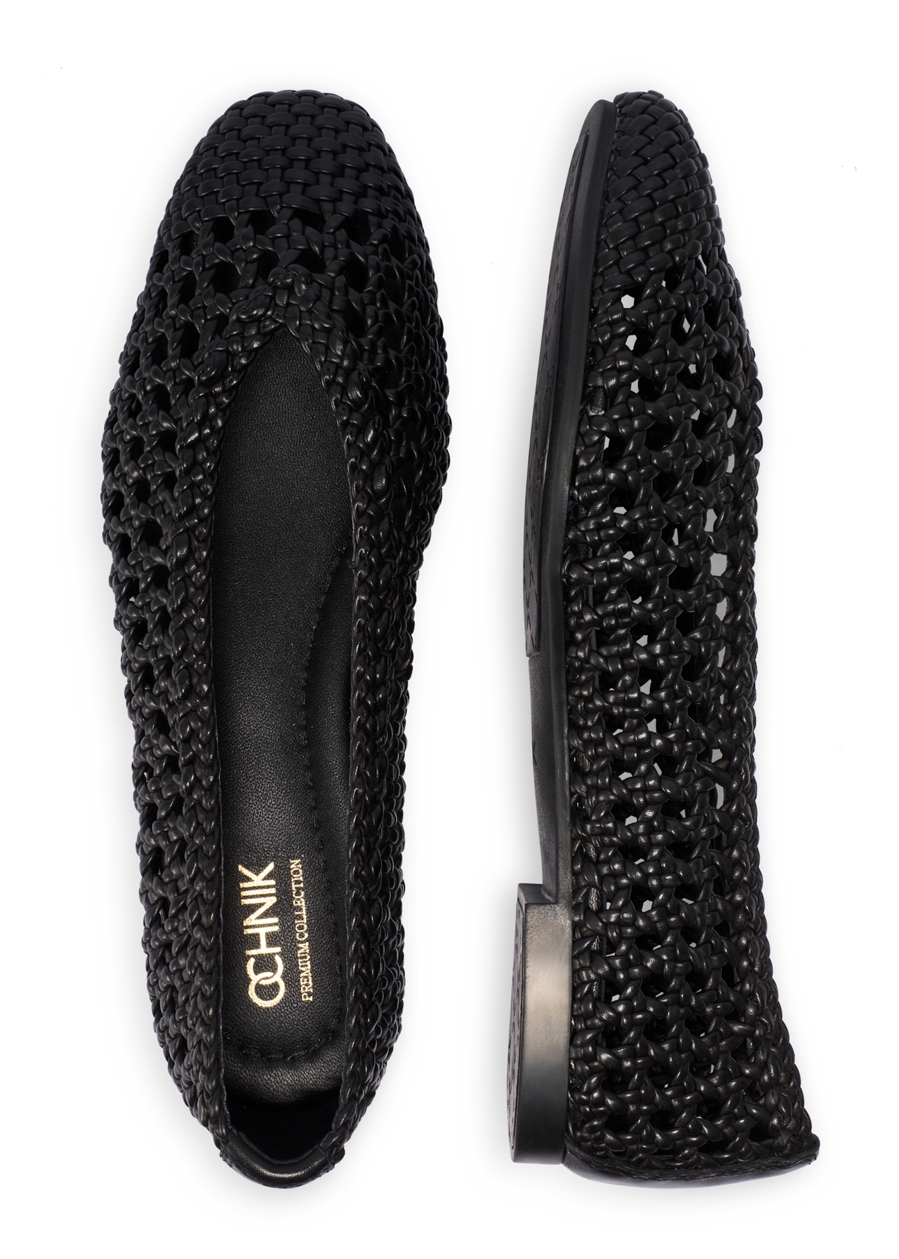 Dámske čierne zapletené balerínky BUTYD-1251-99(W26), pohľad na produkt zhora na bielom pozadí.