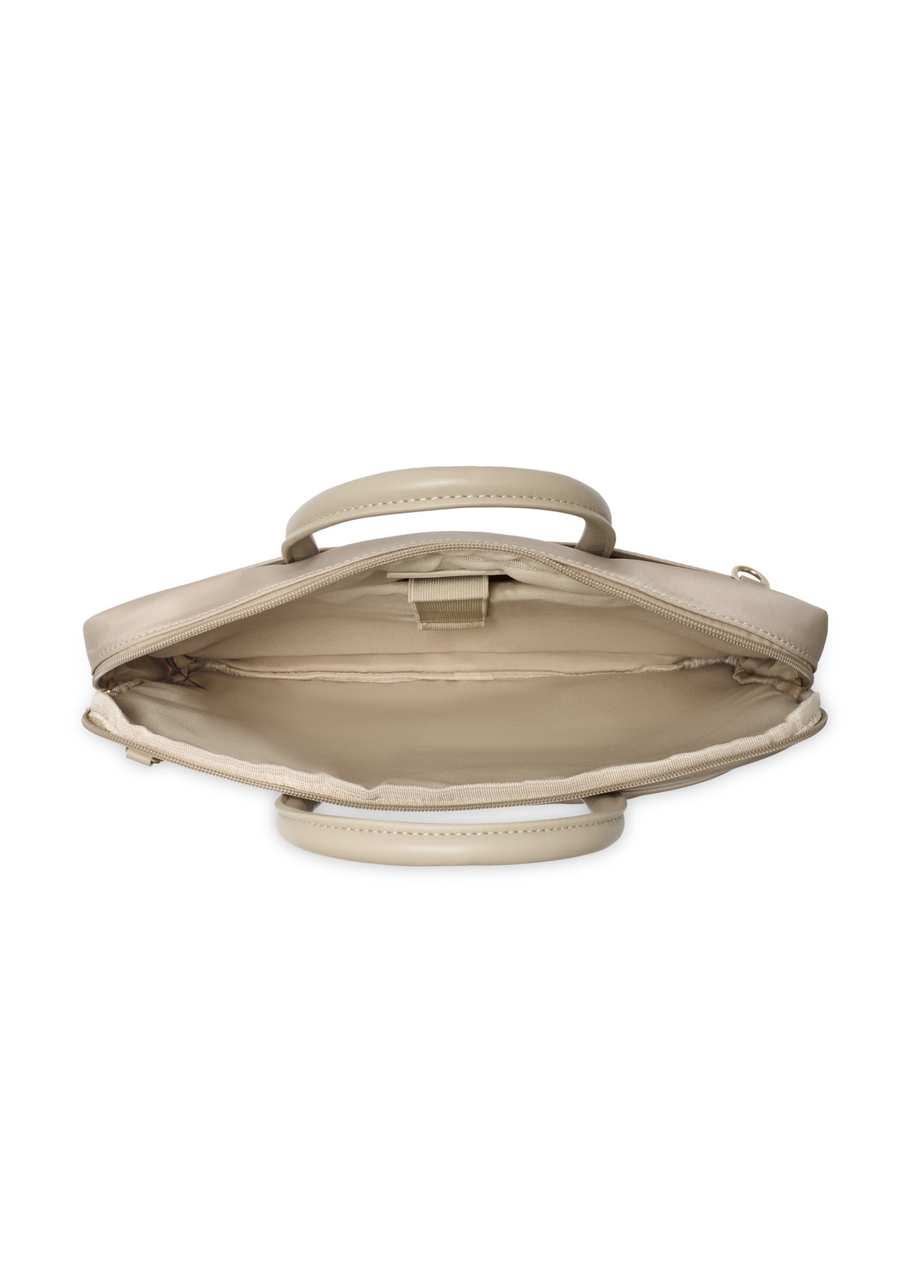 Béžová dámska taška na notebook TOREN-0344-1A(W26), pohľad na produkt vo vnútri na bielom pozadí.