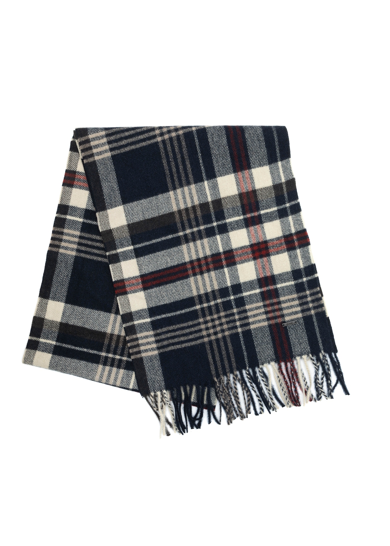 Pánsky tmavomodrý kockovaný šál SZAMT-0085-69(Z25), pohľad spredu na zložený výrobok na bielom pozadí.