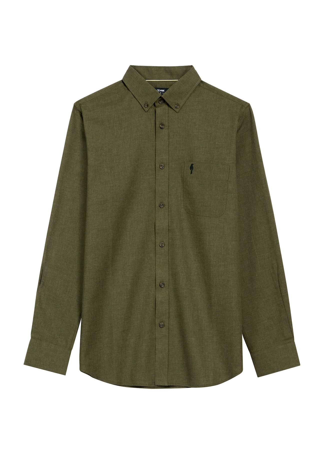 Pánska khaki košeľa KOSMT-0299A-55(Z25), pohľad na produkt spredu na bielom pozadí.