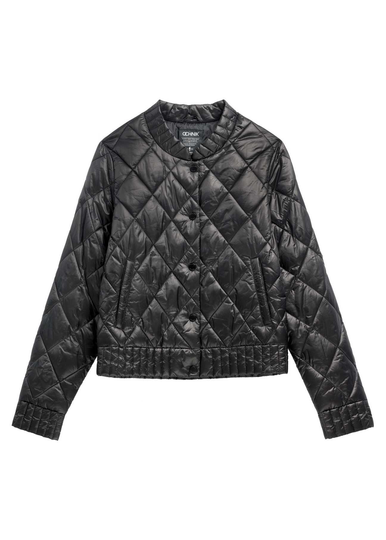 Čierna dámska prechodná bunda KURDT-0564A-99(W26), pohľad spredu na bielom pozadí.