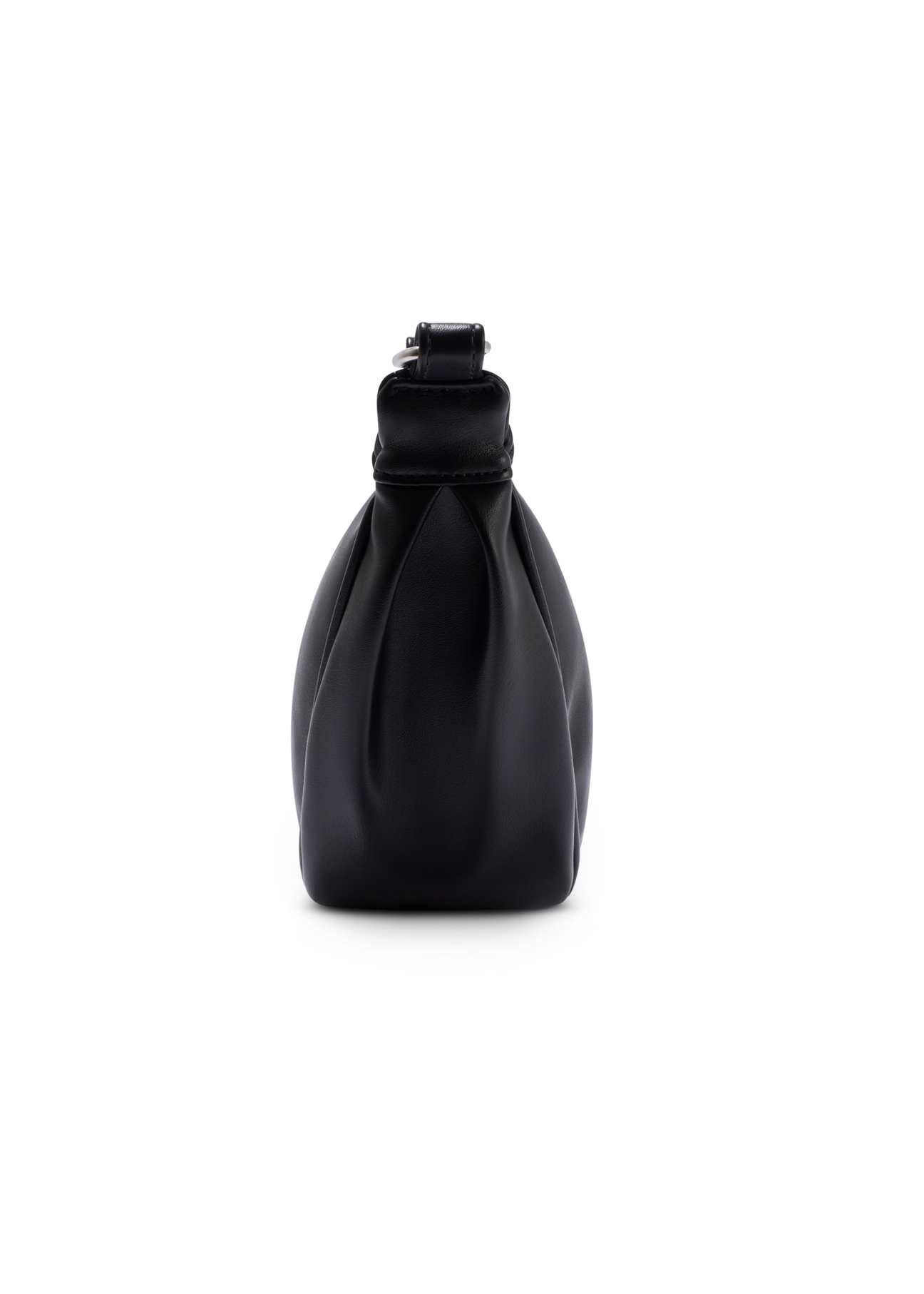 Čierna polkruhová dámska kabelka TOREC-1146-99(W26), bočný pohľad na produkt na bielom pozadí.