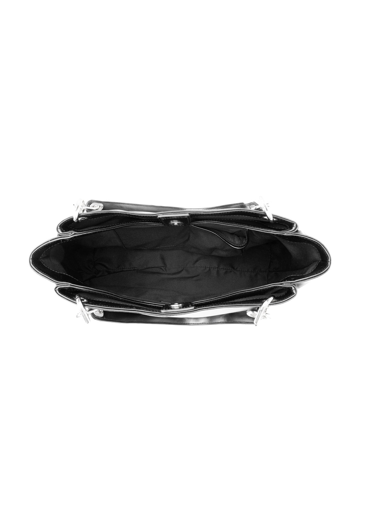 Čierna veľká dámska kabelka TOREC-0998-9F(W26), pohľad na produkt vo vnútri na bielom pozadí.