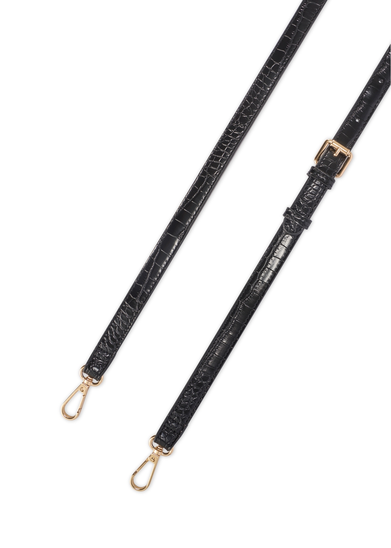 Malá čierna dámska kabelka cez rameno z krokodílej kože TOREC-1185-9G(W26), pohľad na popruh produktu na bielom pozadí.