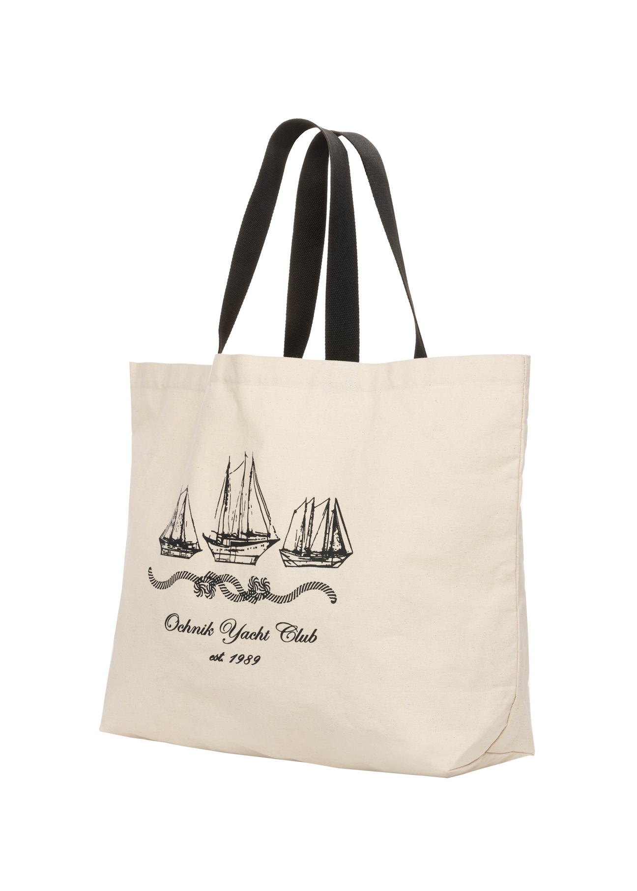 Krémová bavlnená taška s potlačou TOREN-0136-0P(W26), diagonálny pohľad na produkt na bielom pozadí.