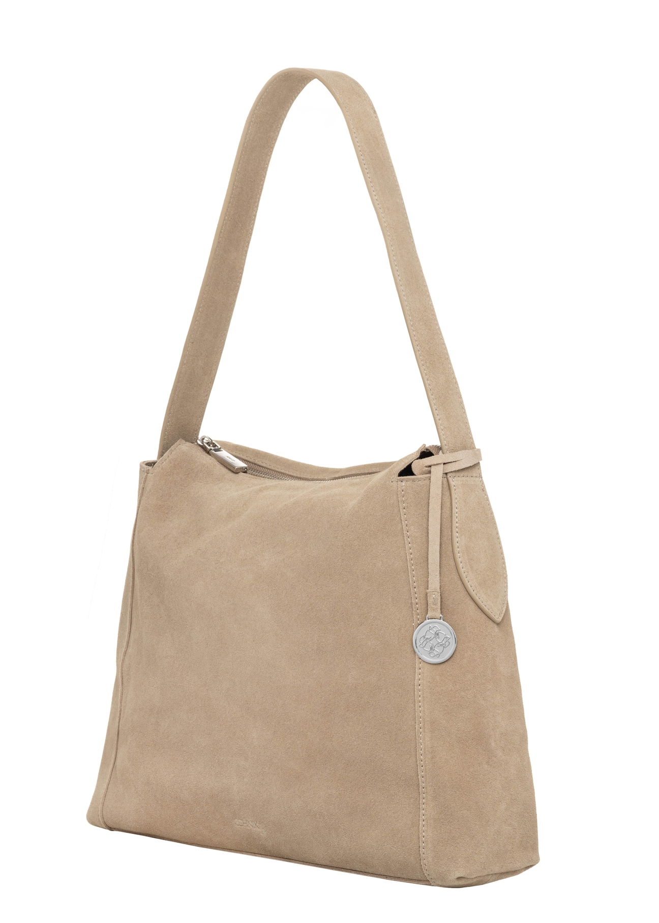 Cool beige suede shoulder bag TORES-1406-1K(Z26), diagonal product view on white background.