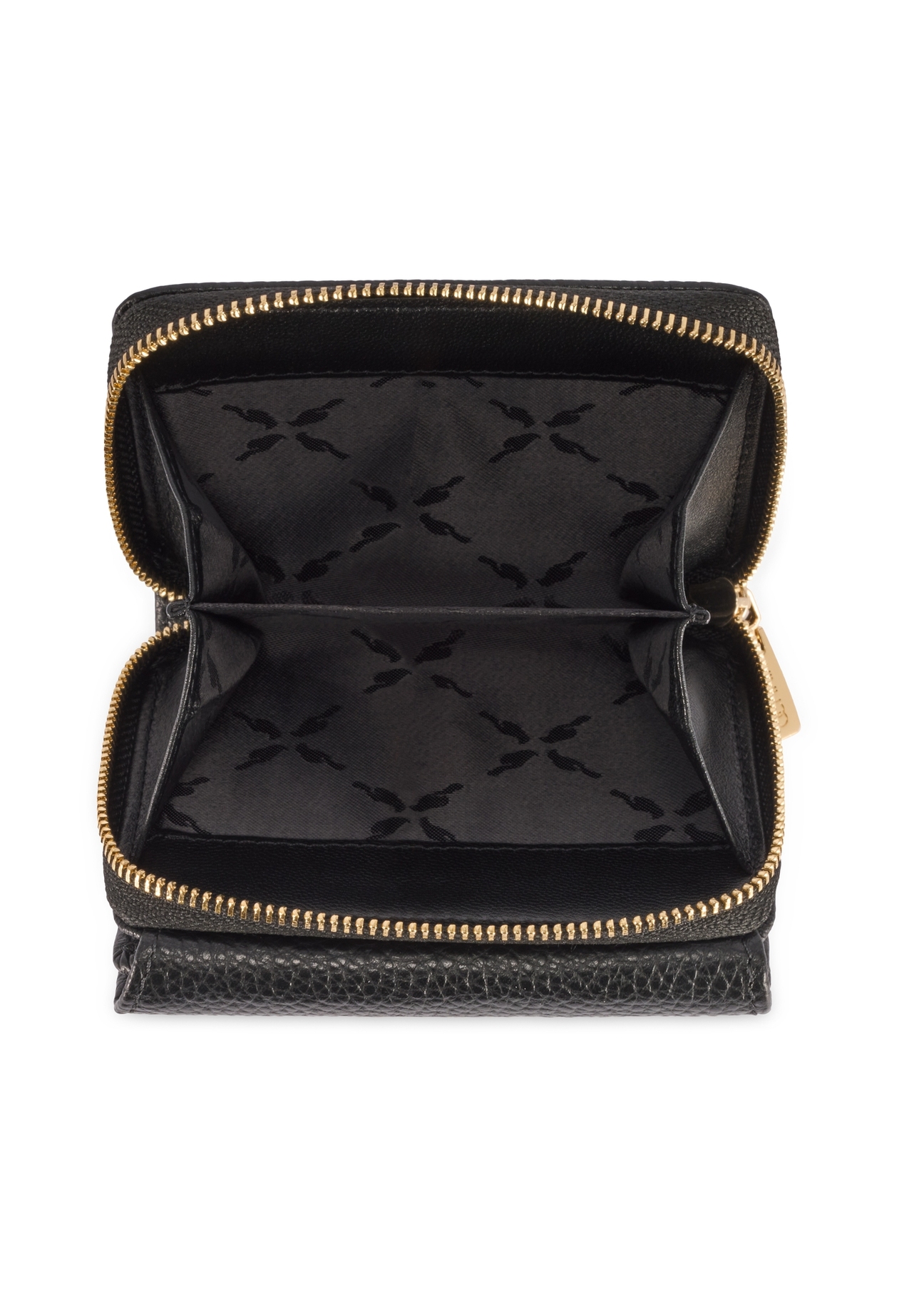 Malá čierna kožená dámska peňaženka PORES-0802R-9I(W26), pohľad na produkt vo vnútri na bielom pozadí.