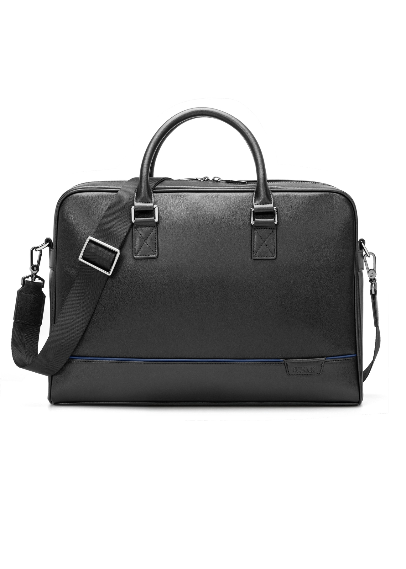 Čierna kožená taška na notebook TORMS-0494-99(W26) - pohľad spredu na produkt, na bielom pozadí.