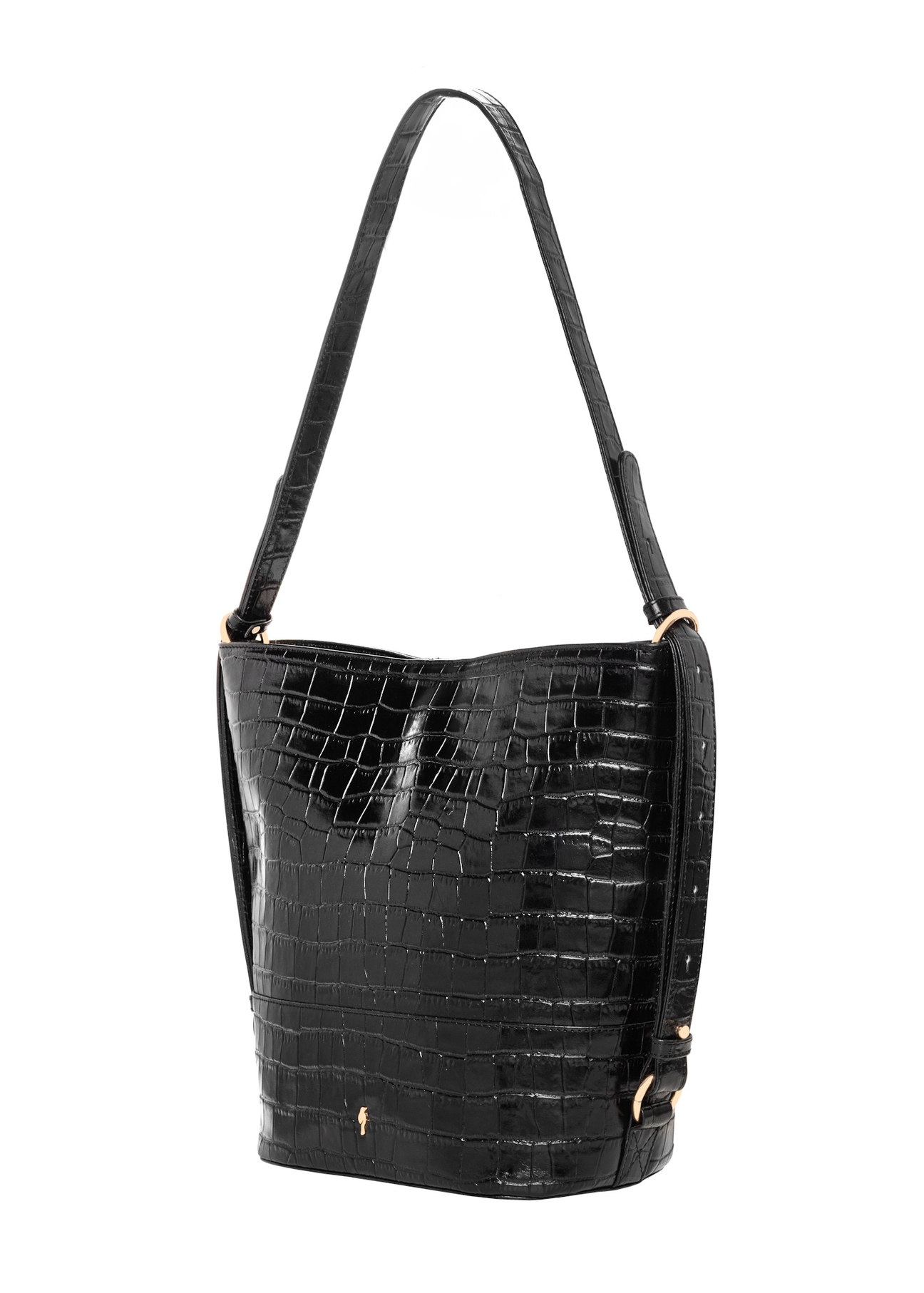 Čierna kožená kabelka s krokodílím vzorom TORES-1417-9G(Z26), diagonálny pohľad na produkt na bielom pozadí.