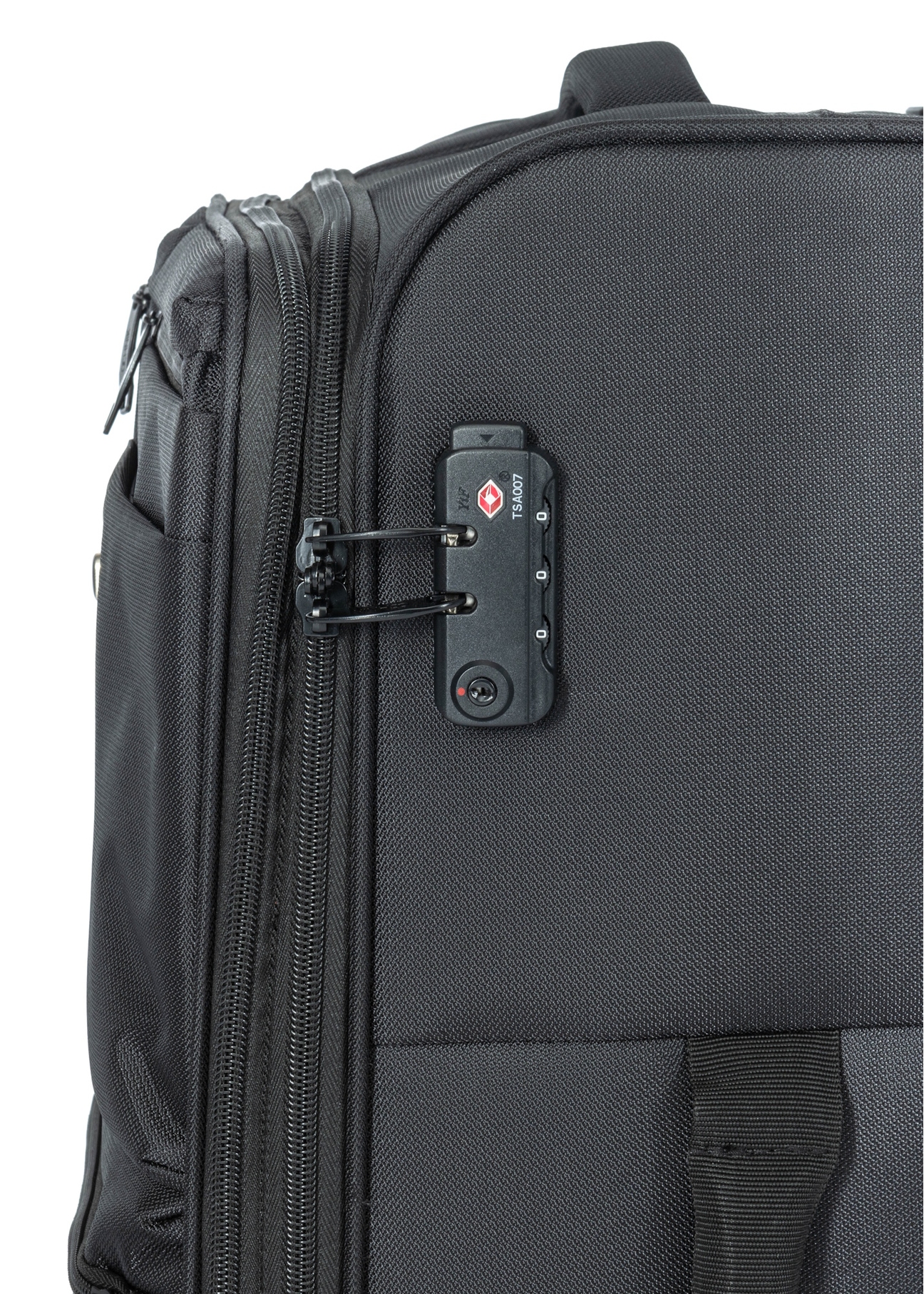 Sada kufrov na kolieskach WALNY-0048-99(W26) s rozmermi 19"/24"/28", detailný záber na zips produktu na bielom pozadí.