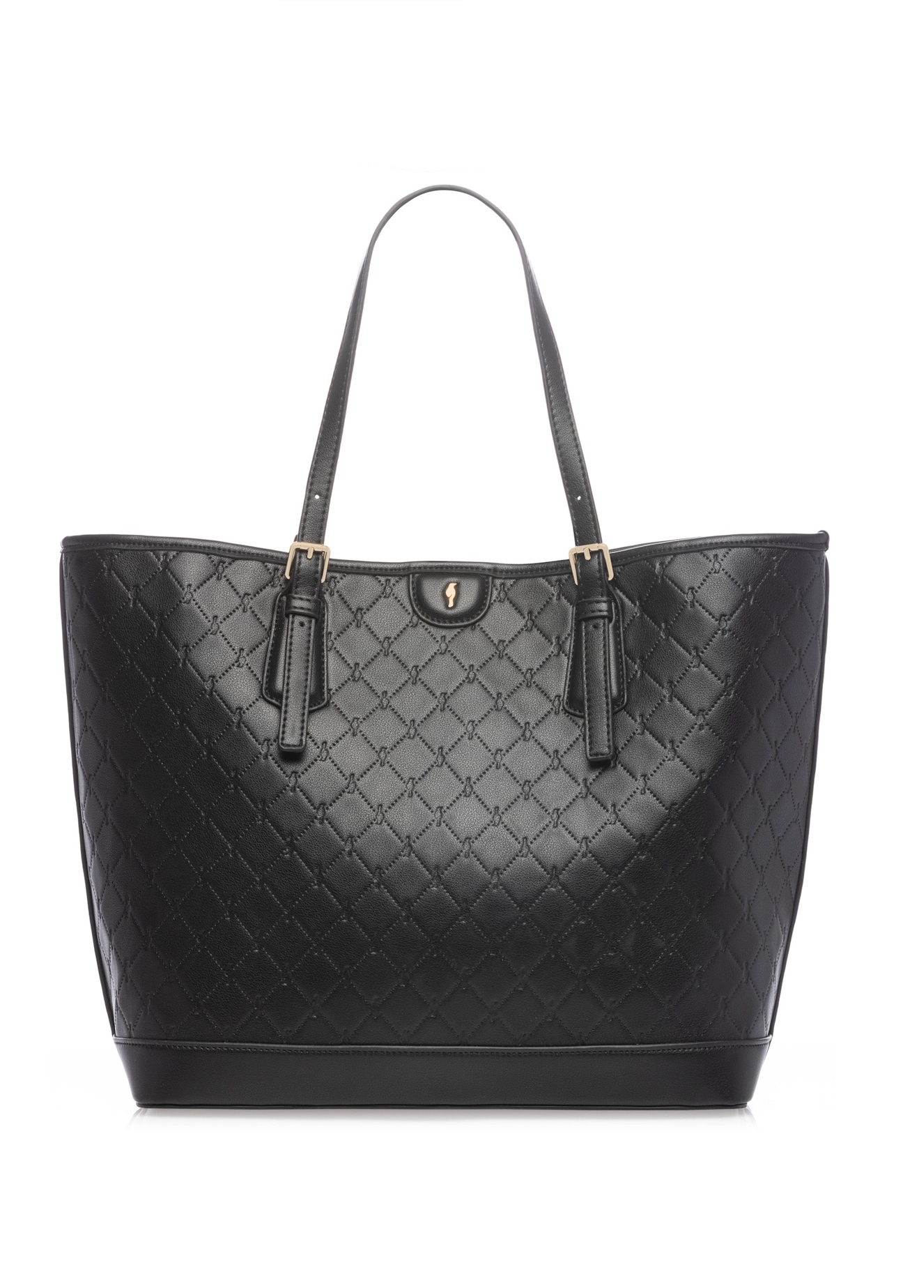 Čierna nákupná taška s monogramom TOREC-1181-9P(W26), pohľad spredu na bielom pozadí.