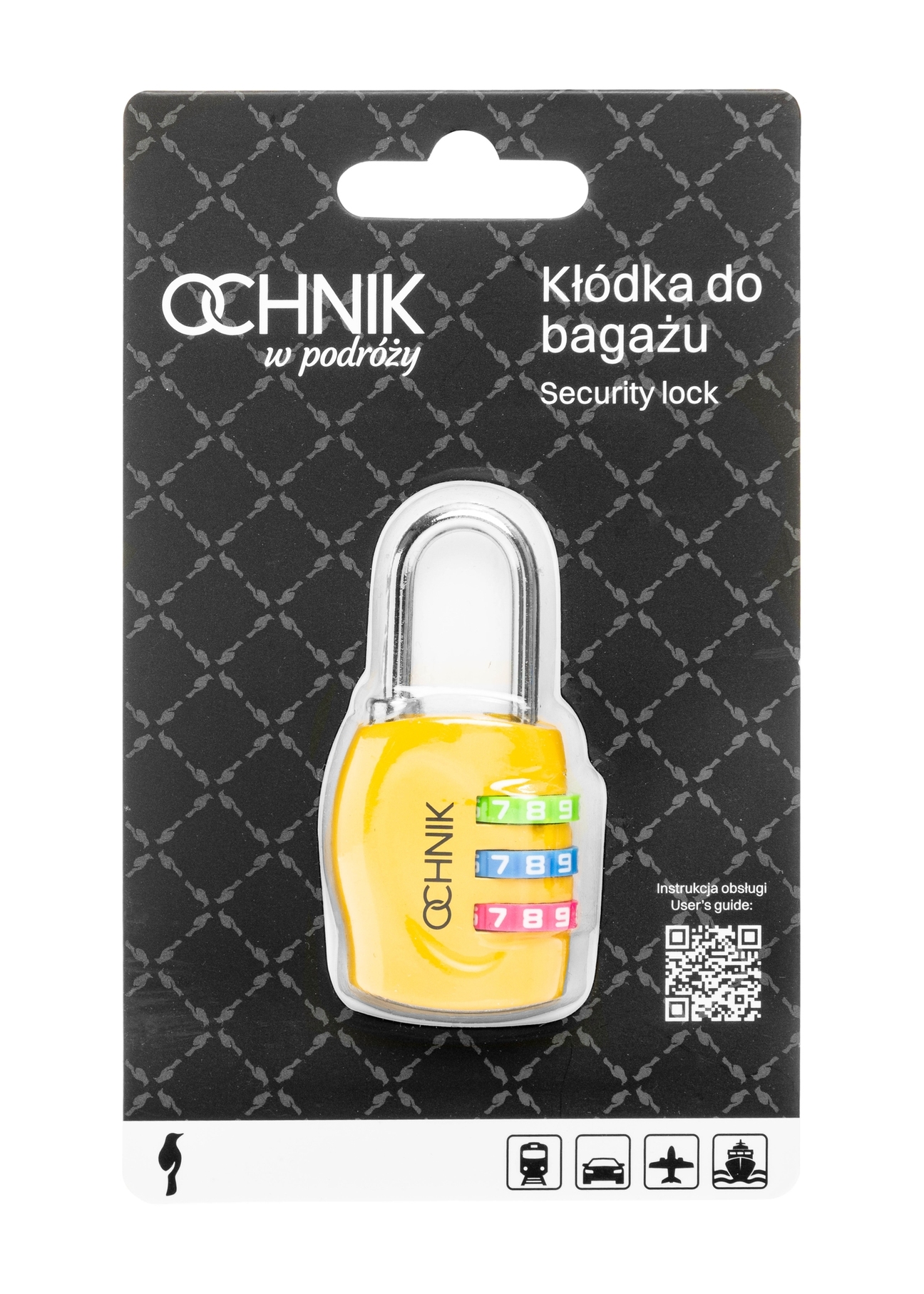 Žltý kombinovaný zámok AW-015-0005-2B(W26), pohľad spredu na výrobok v balení na bielom pozadí.