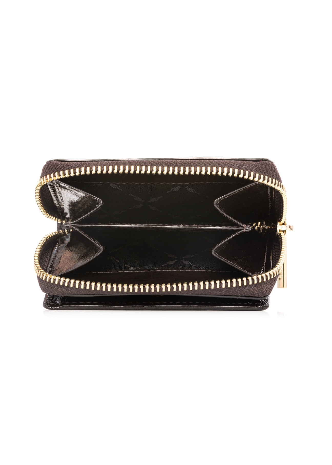 Malá hnedá kožená dámska peňaženka PORES-0988-1I(W26), pohľad na produkt vo vnútri na bielom pozadí.