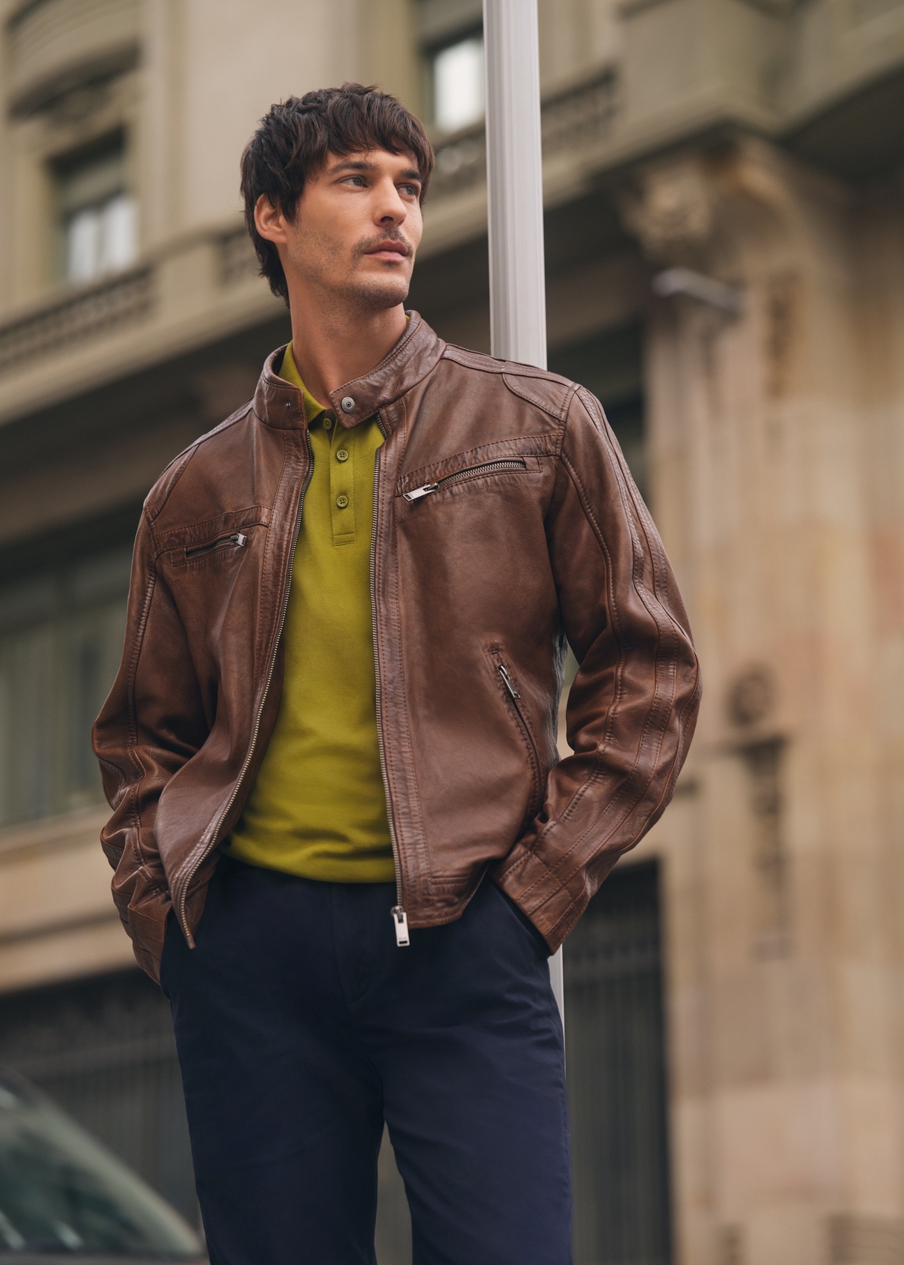 Pánska kožená bunda v koňakovej farbe KURMS-0397-1F(W26)