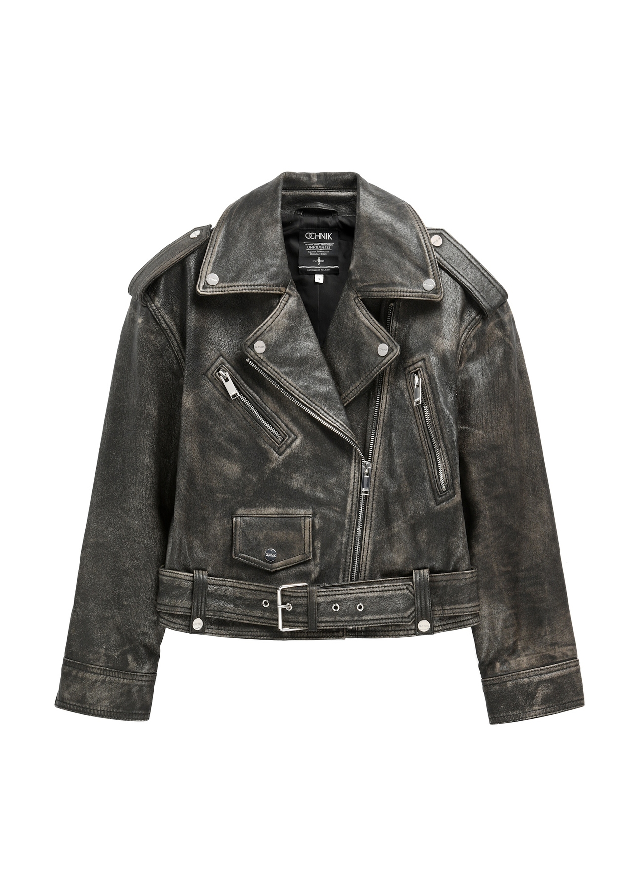 Dámska krátka kožená motorkárska bunda KURDS-0434-99(W26) - pohľad spredu na produkt, na bielom pozadí.