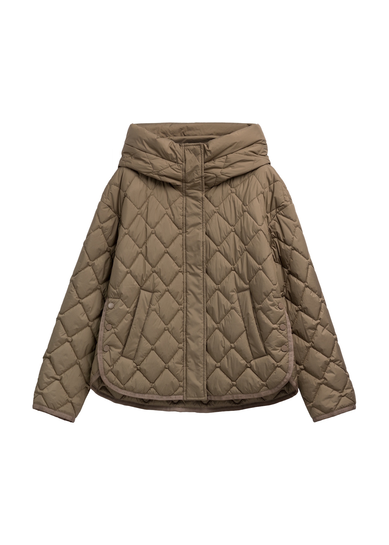 Dámska prešívaná bunda v chladnej béžovej farbe KURDT-0588-1K(Z26) - pohľad na produkt spredu, na bielom pozadí.