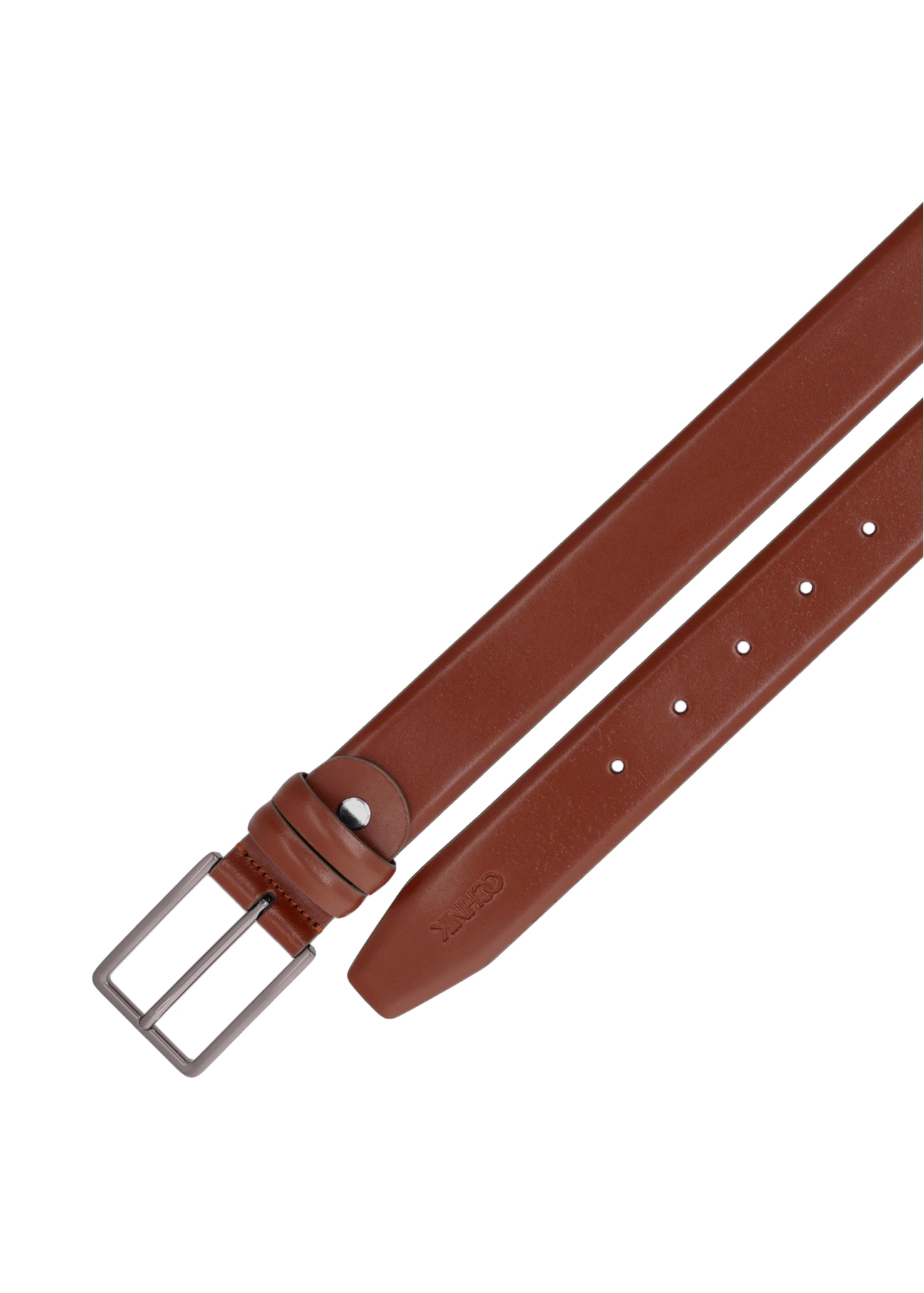 Pánsky kožený opasok v koňakovej farbe PASMS-0284-1F(Z26), pohľad zhora na produkt na bielom pozadí.