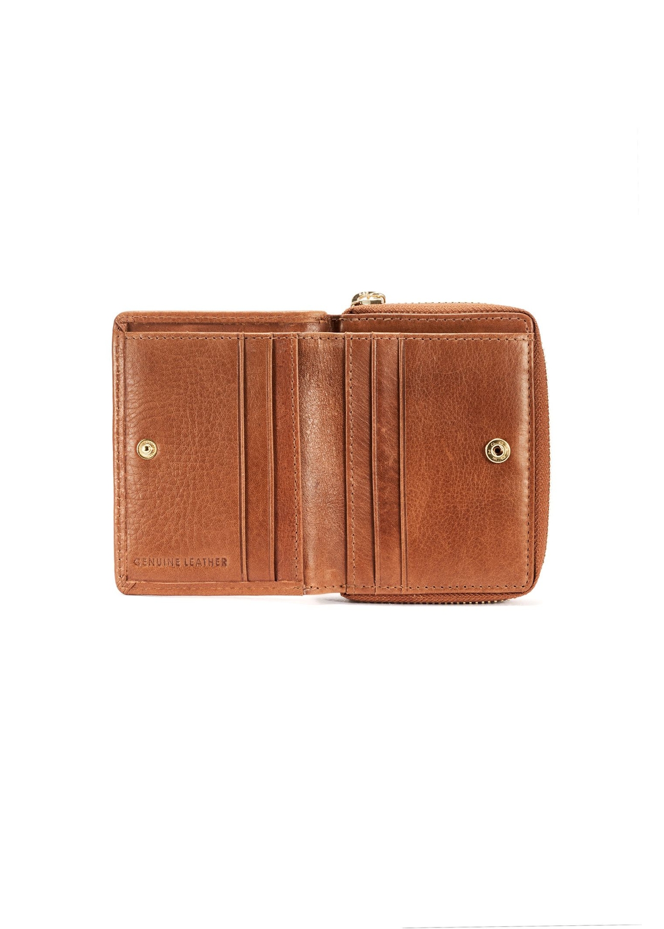 Malá dámska kožená peňaženka v koňakovej farbe PORES-0963-1F(W26), pohľad na produkt vo vnútri na bielom pozadí.