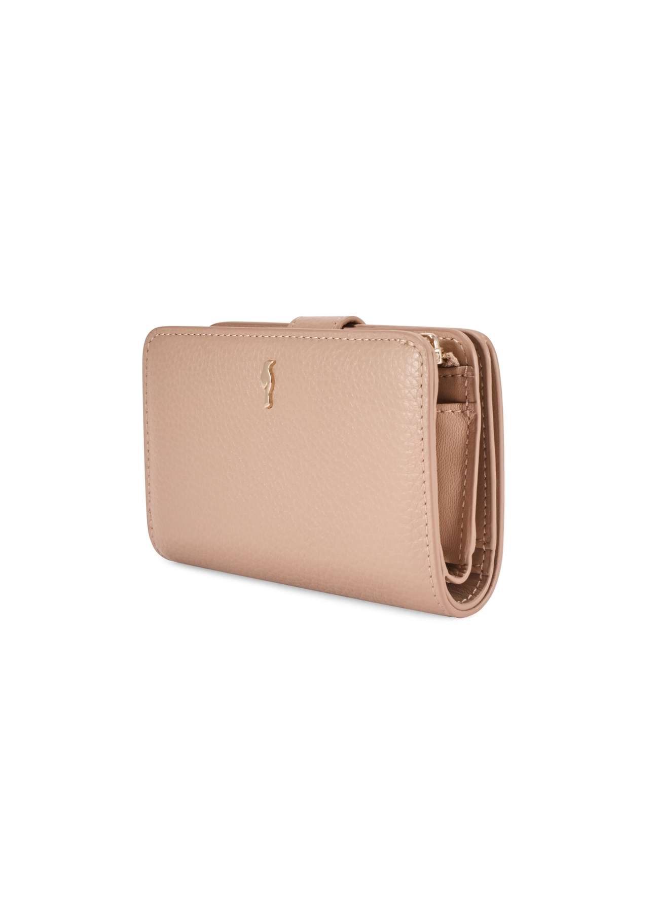 Stredne veľká béžová kožená dámska peňaženka PORES-0896R-1B(W26), diagonálny pohľad na produkt na bielom pozadí.