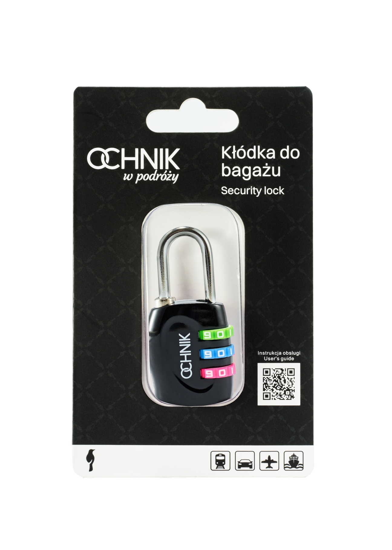 Čierny kombinovaný zámok AW-015-0001-99(W25), pohľad spredu na výrobok v balení na bielom pozadí.