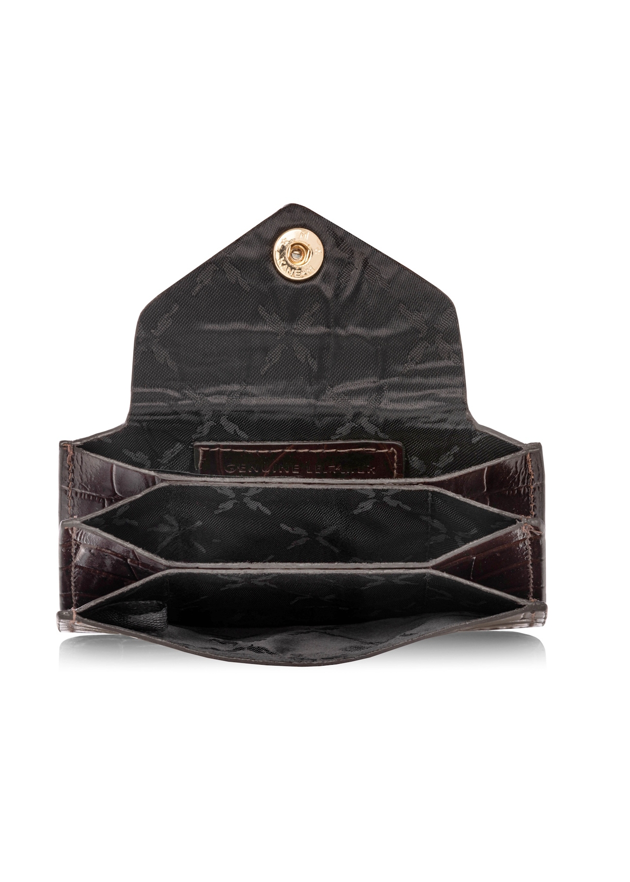 Malá hnedá kožená dámska peňaženka PORES-0890-1H(W26), pohľad na produkt vo vnútri na bielom pozadí.