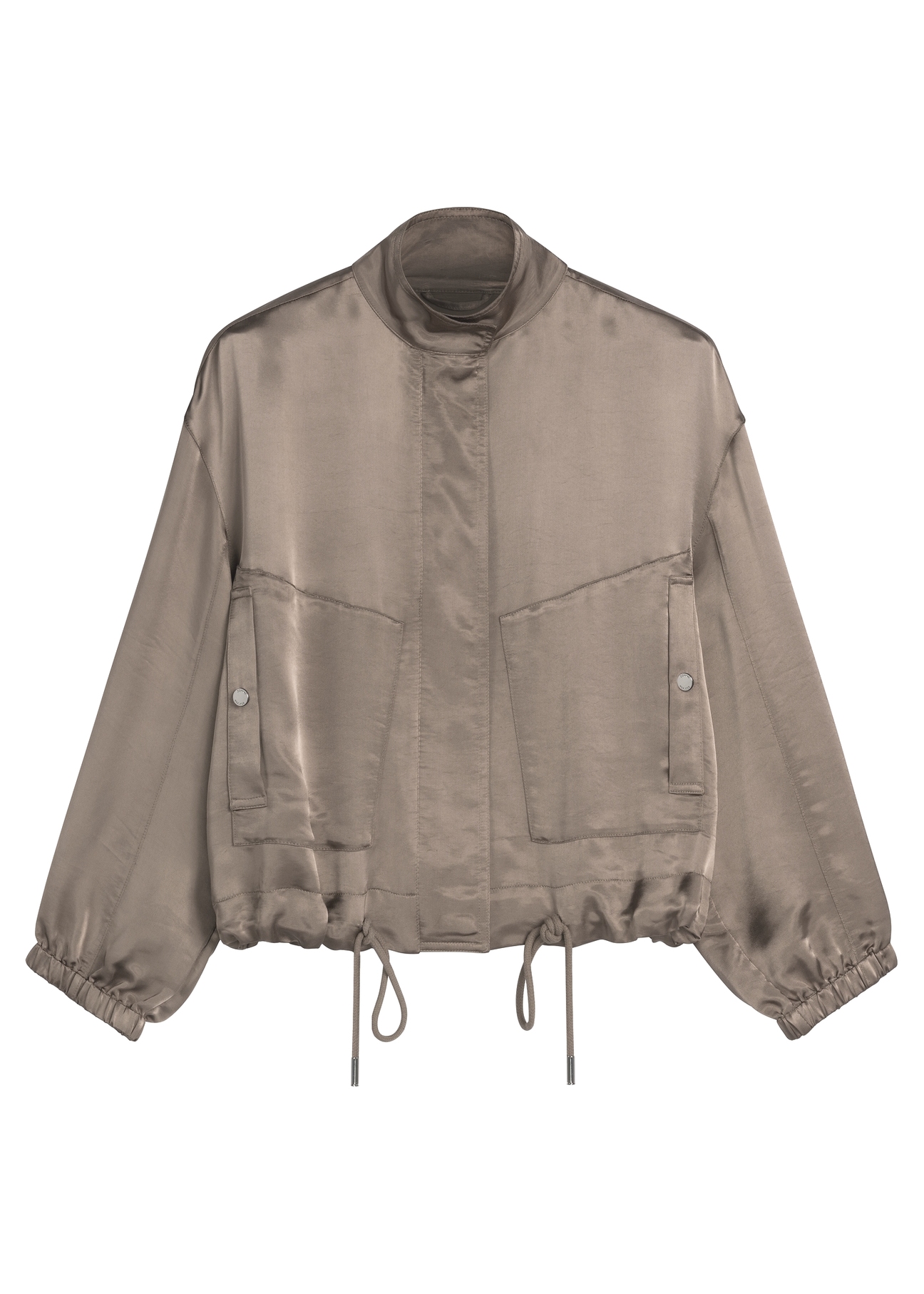 Svetlobéžová dámska bomber bunda KURDT-0627-1K(W26) - pohľad spredu na produkt, na bielom pozadí.