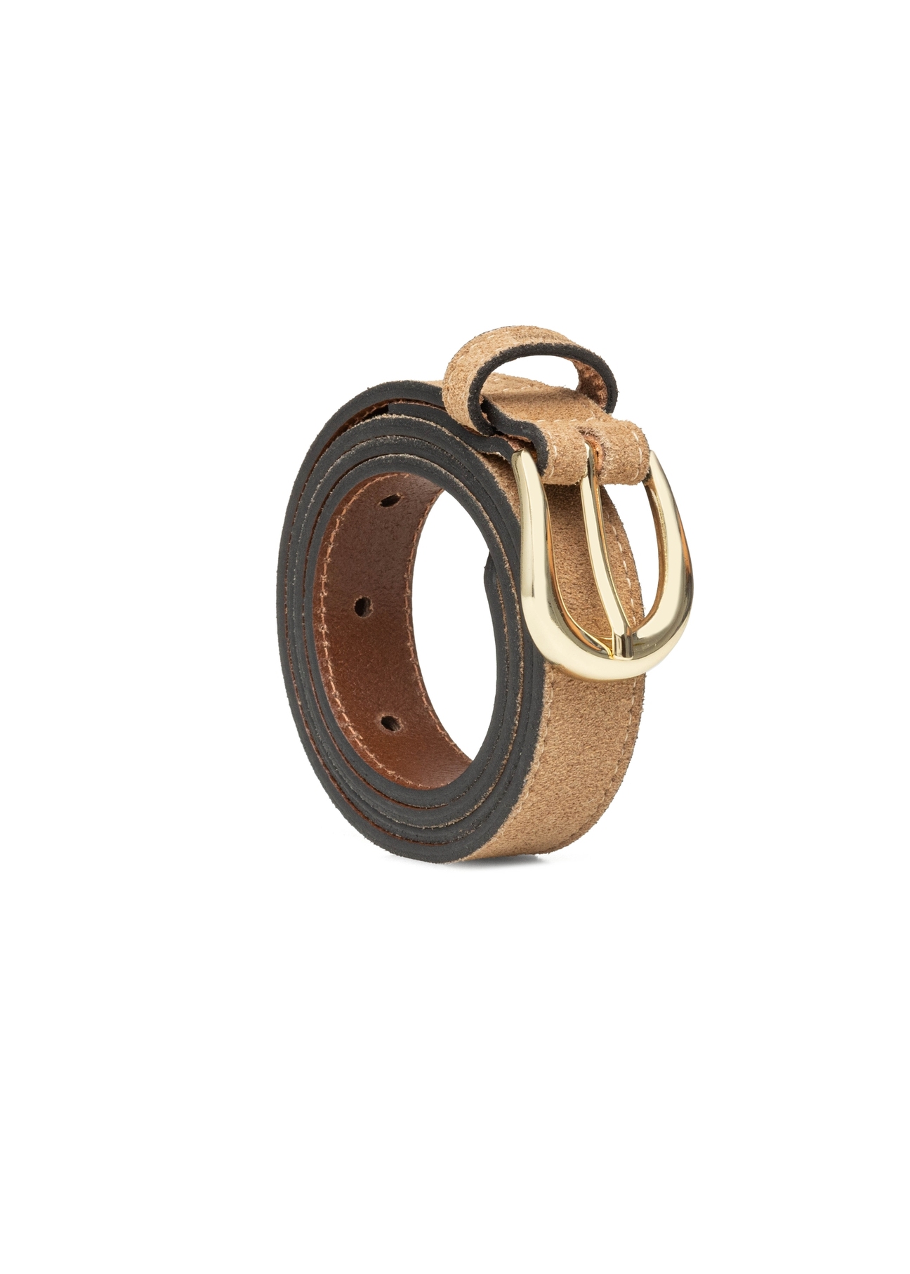 Dámsky kožený opasok tmavo béžovej farby PASDS-0303-1C(W26) - pohľad spredu na produkt, na bielom pozadí.