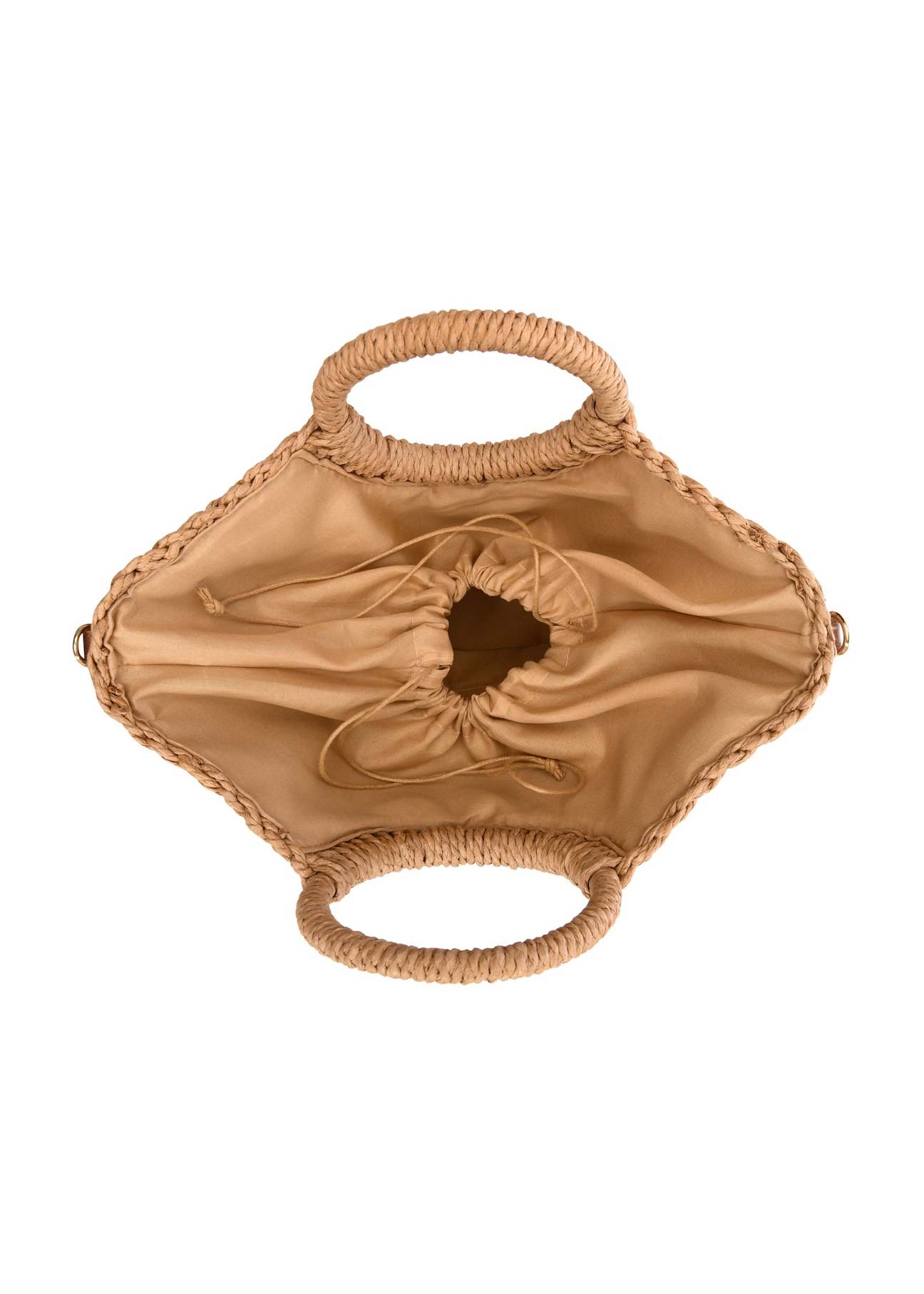 Polkruhová béžová tkaná kabelka TOREC-0940-1E(W26), pohľad na produkt vo vnútri na bielom pozadí.