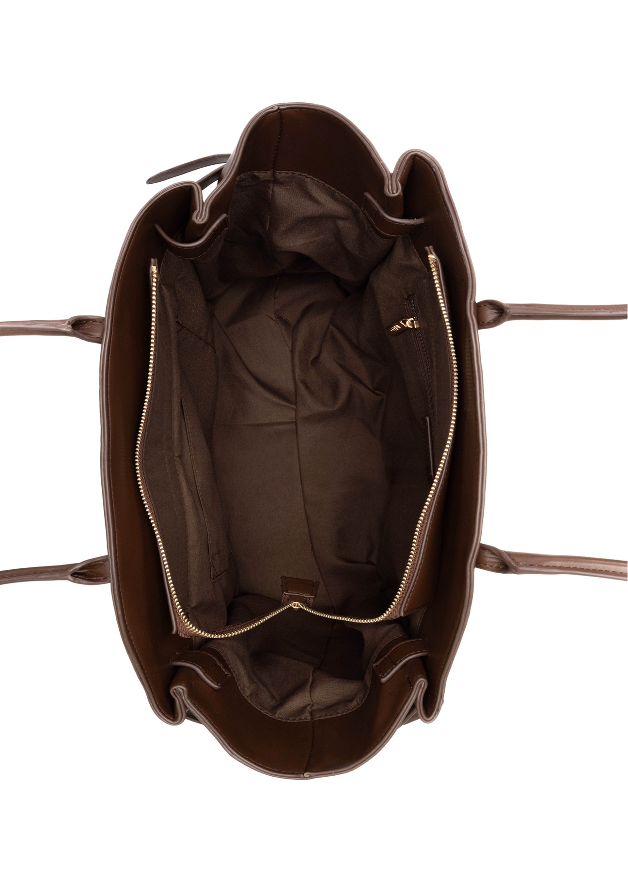 Veľká hnedá dámska kabelka TOREC-1135-1H(W26), pohľad na produkt vo vnútri na bielom pozadí.