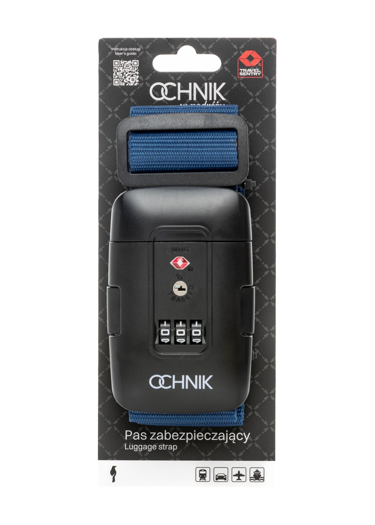 Námornícky modrý opasok na batožinu AW-011-004-7D(W26), pohľad na produkt s obalom na bielom pozadí.