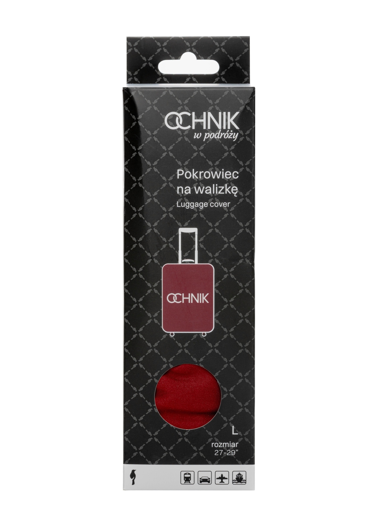 Červený kryt na veľký kufor s logom AW-013-0002-4B-L(W26), pohľad spredu na produkt v balení.