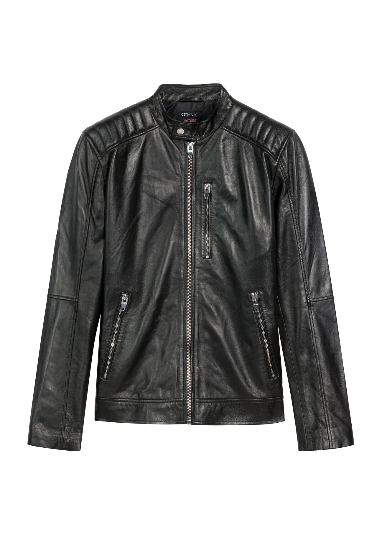 Pánska kožená bunda so stojačikom KURMS-0191A-5491(KS), pohľad spredu na bundu na bielom pozadí.