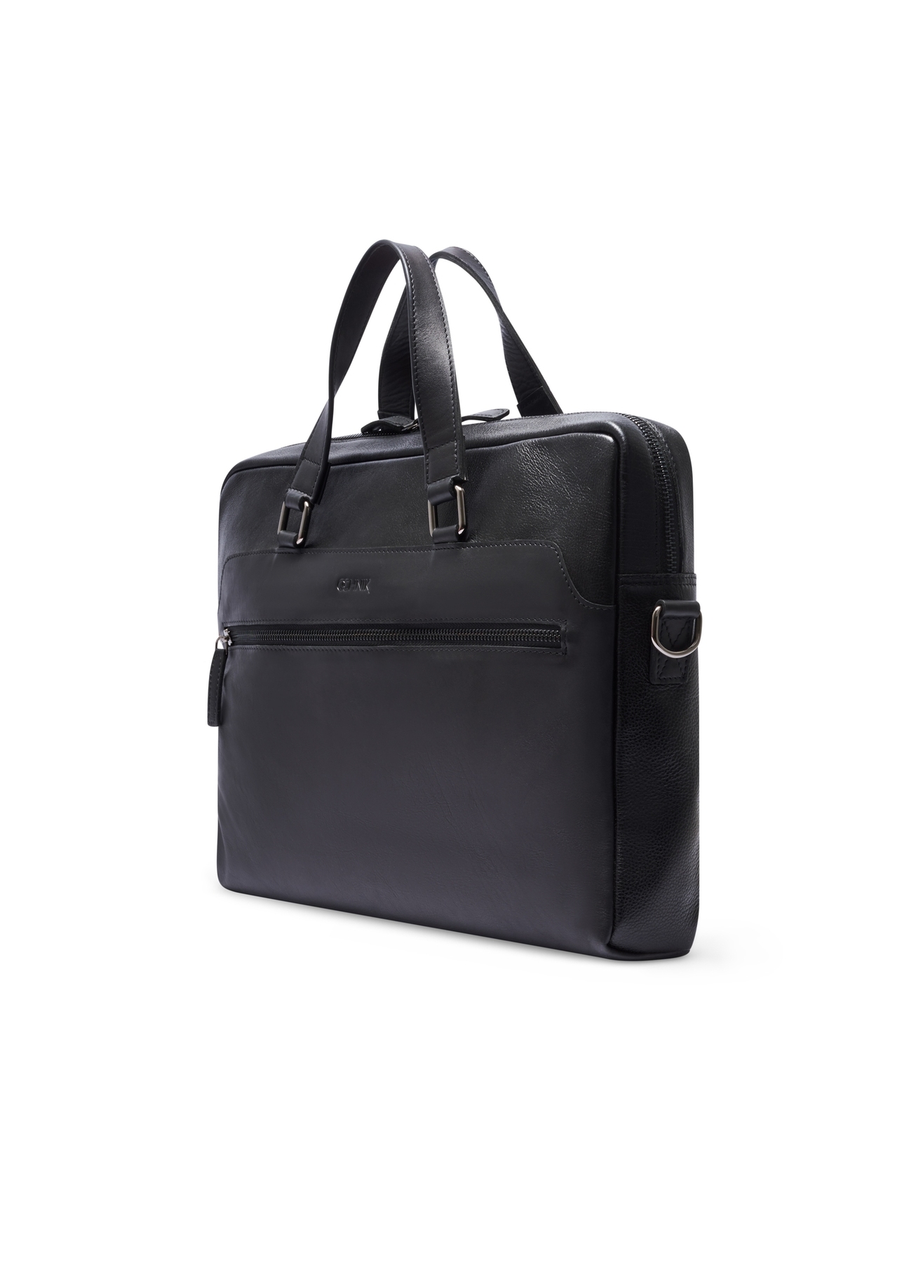 Čierna kožená taška na notebook TORMS-0496-99(W26) - diagonálny pohľad na produkt, na bielom pozadí.