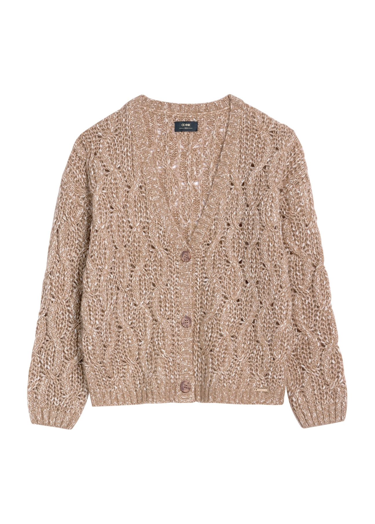 Dámsky kardigan v ťavej farbe KARDT-0054-24(Z25), pohľad na produkt spredu na bielom pozadí.