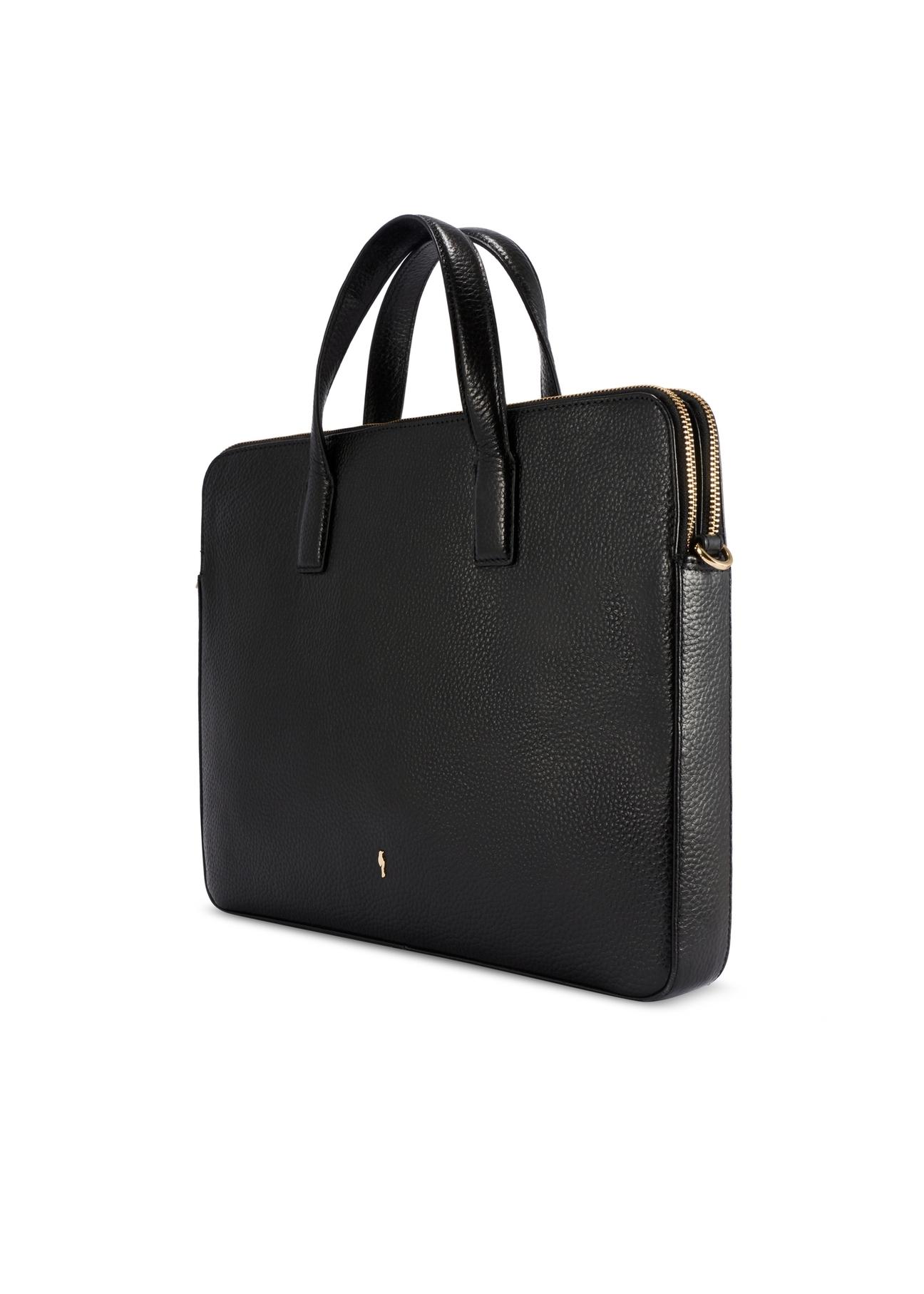 Čierna kožená taška na notebook TORES-1070A-99(W26), diagonálny pohľad na produkt na bielom pozadí.