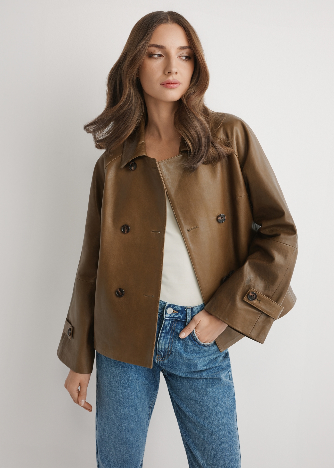 Dámska khaki kožená bunda KURDS-0604-8D(W26), pohľad spredu na modelku. Viditeľná polovica siluety.