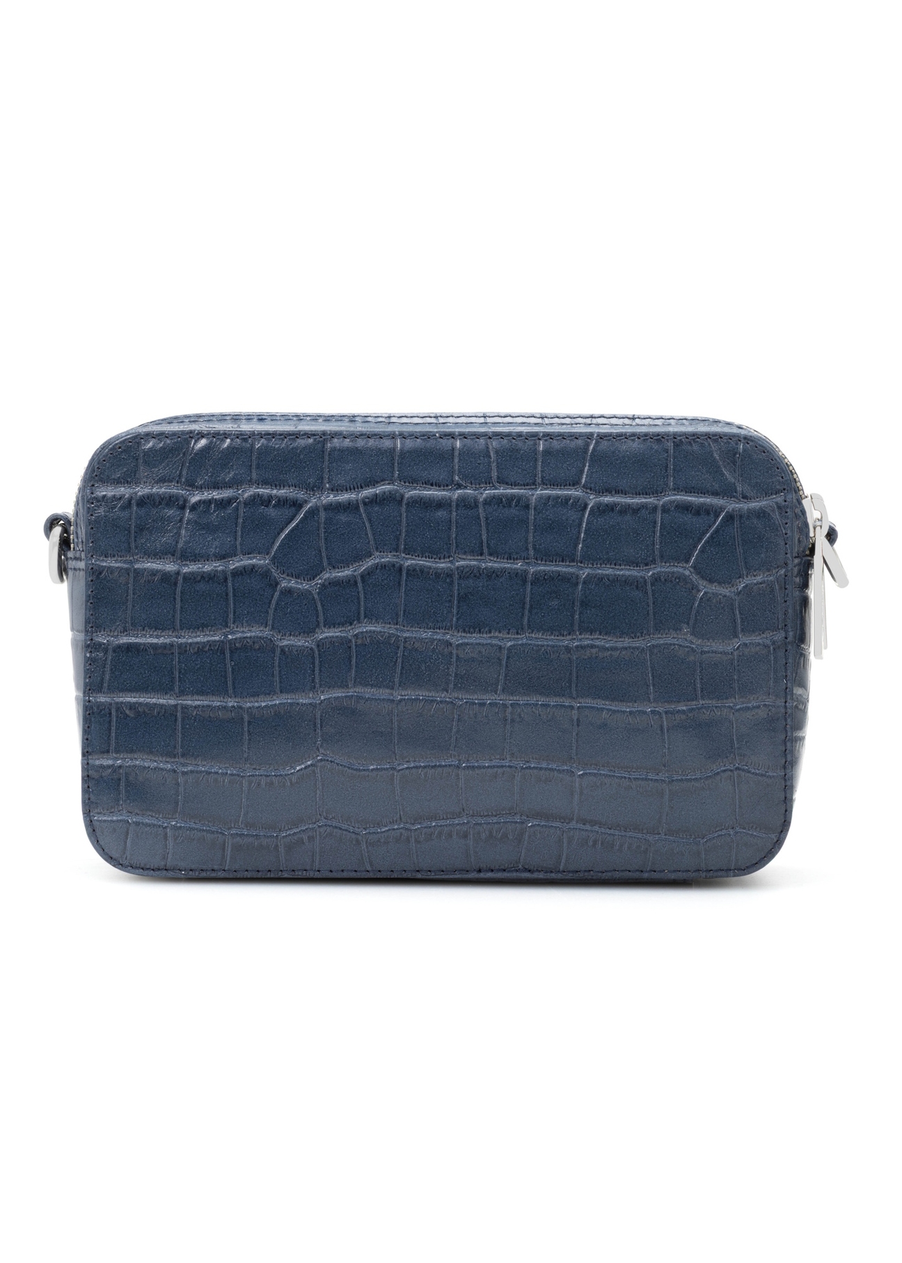 Malá tmavomodrá kožená kabelka s krokodílím vzorom TORES-1231-7D(W26), pohľad zozadu na produkt na bielom pozadí.