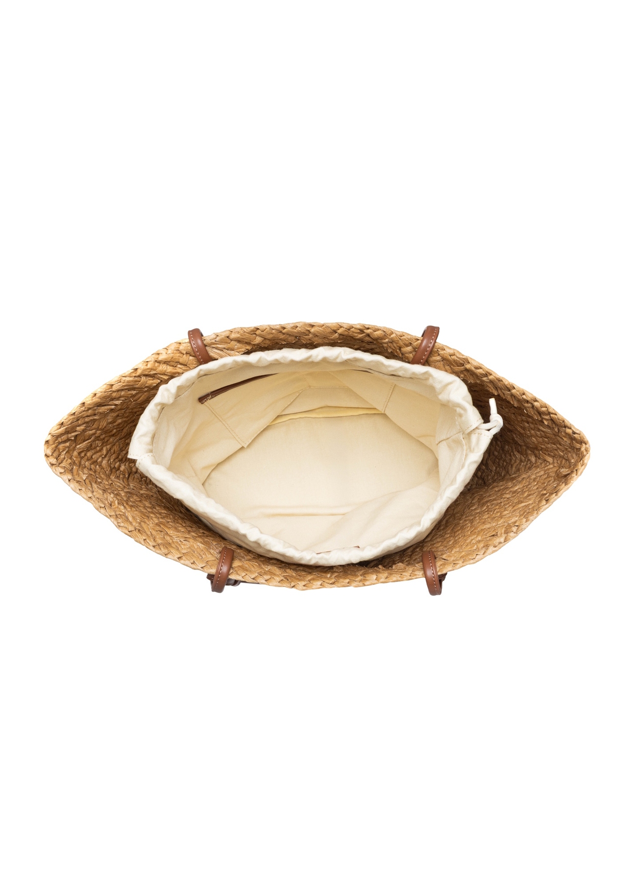 Veľká dámska nákupná taška zo slamy TOREC-1217-1E(W26), pohľad na produkt vo vnútri na bielom pozadí.