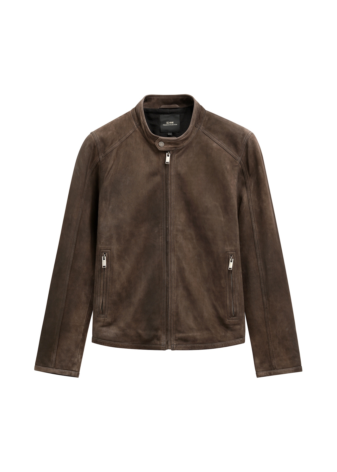 Hnedá pánska semišová bunda KURMS-0396-1I(W26), pohľad spredu na bielom pozadí.