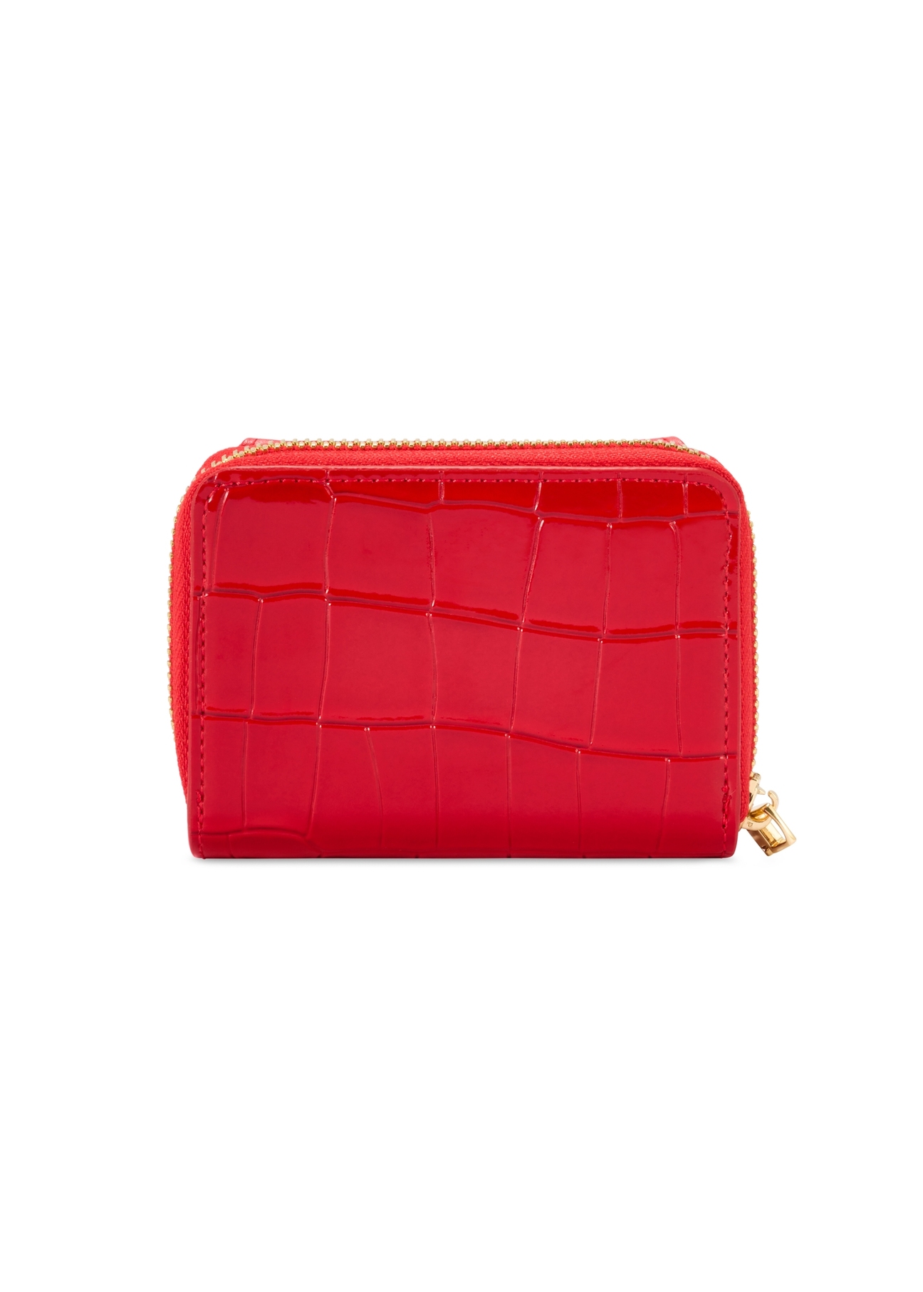 Malá červená dámska peňaženka z krokodílej kože POREC-0352A-42(Z25), pohľad na produkt zozadu na bielom pozadí.