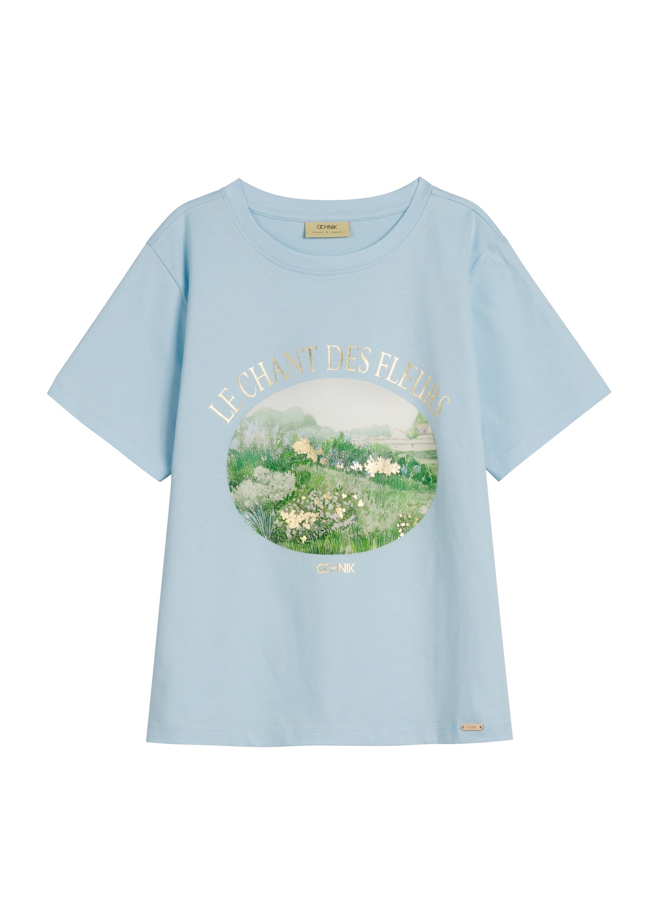 Modré dámske tričko s potlačou TSHDT-0159-7A(W26) - pohľad na produkt spredu, na bielom pozadí.