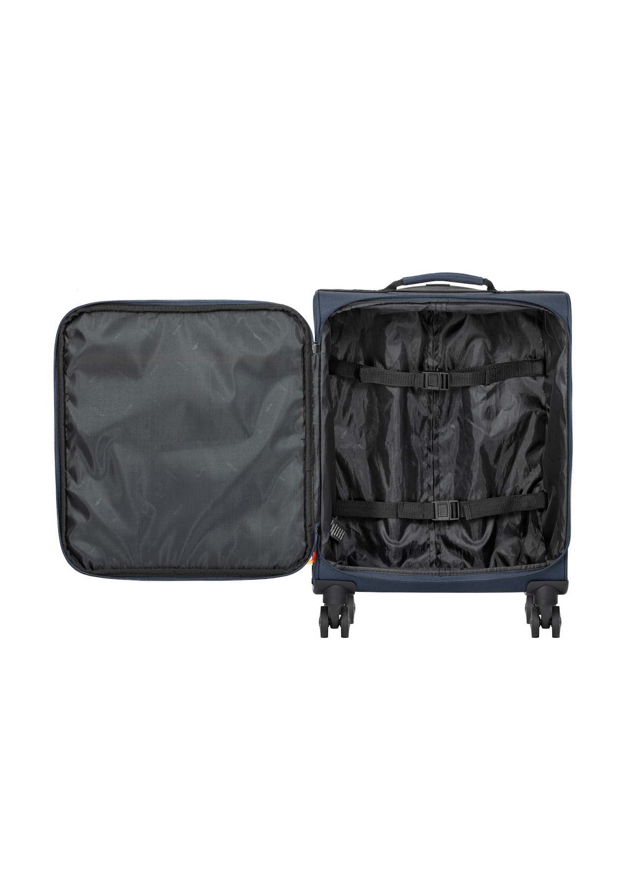 Malý kufor na kolieskach WALNY-0045-7D-19(W26) - pohľad zhora na otvorený produkt, na bielom pozadí.